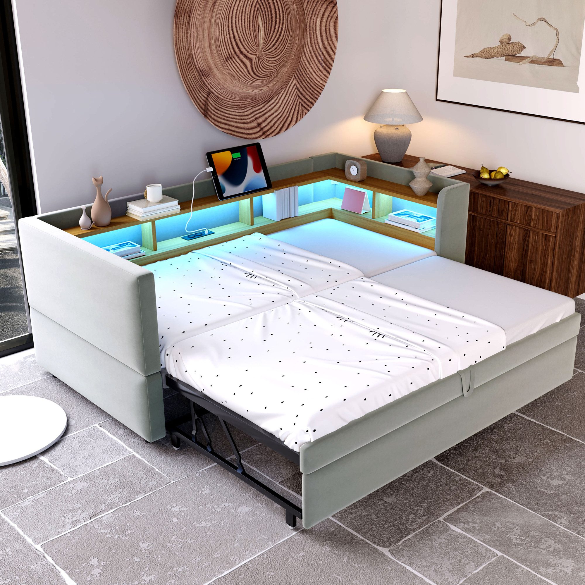OKWISH Schlafsofa Polsterbett,mit USB-Anschluss, LED-Beleuchtung, Ausziehba günstig online kaufen