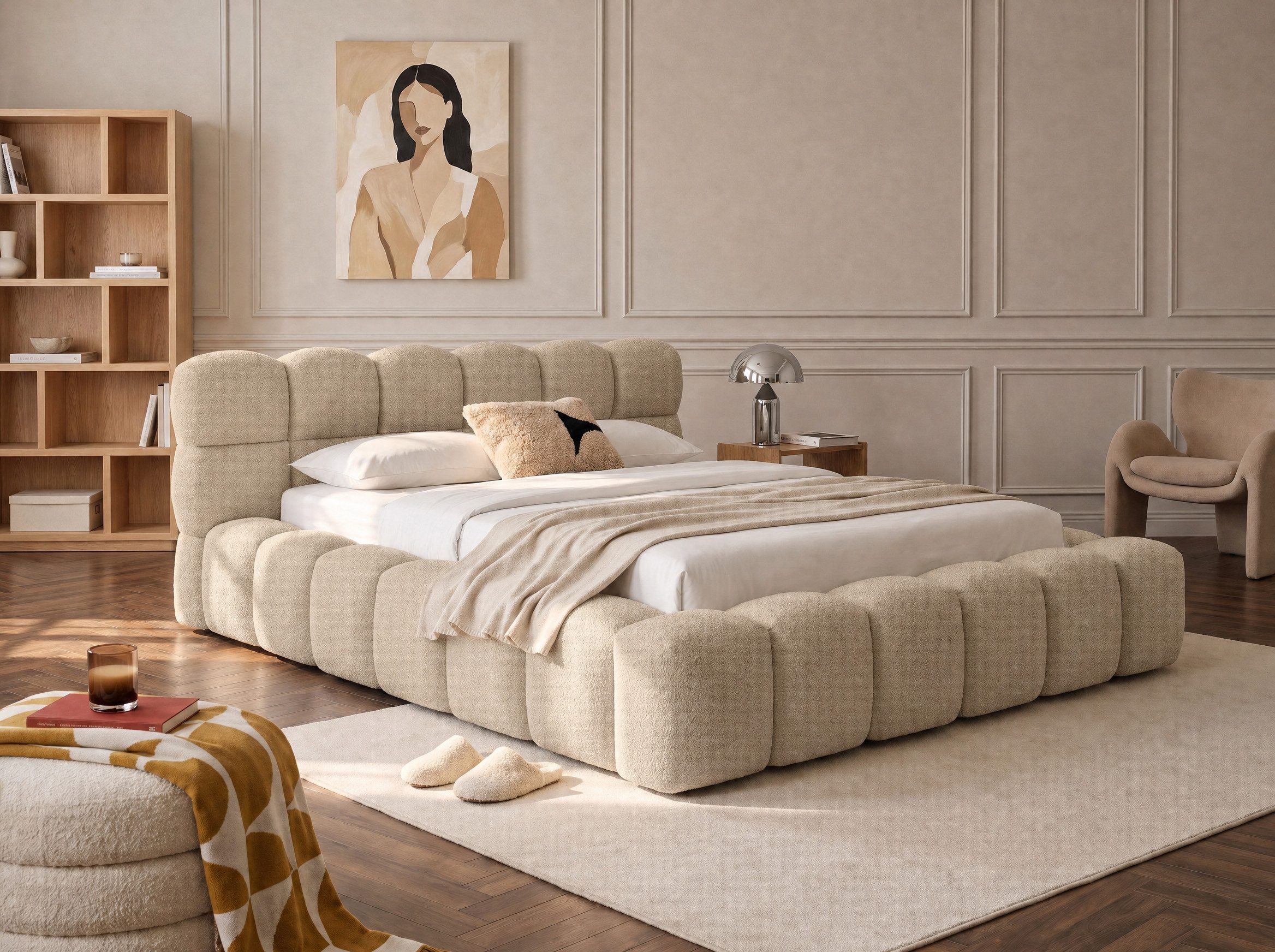 wonello Polsterbett Mira (das Original), Bett mit Bettkasten und Lattenrost – eleganter Boucle-Stoff