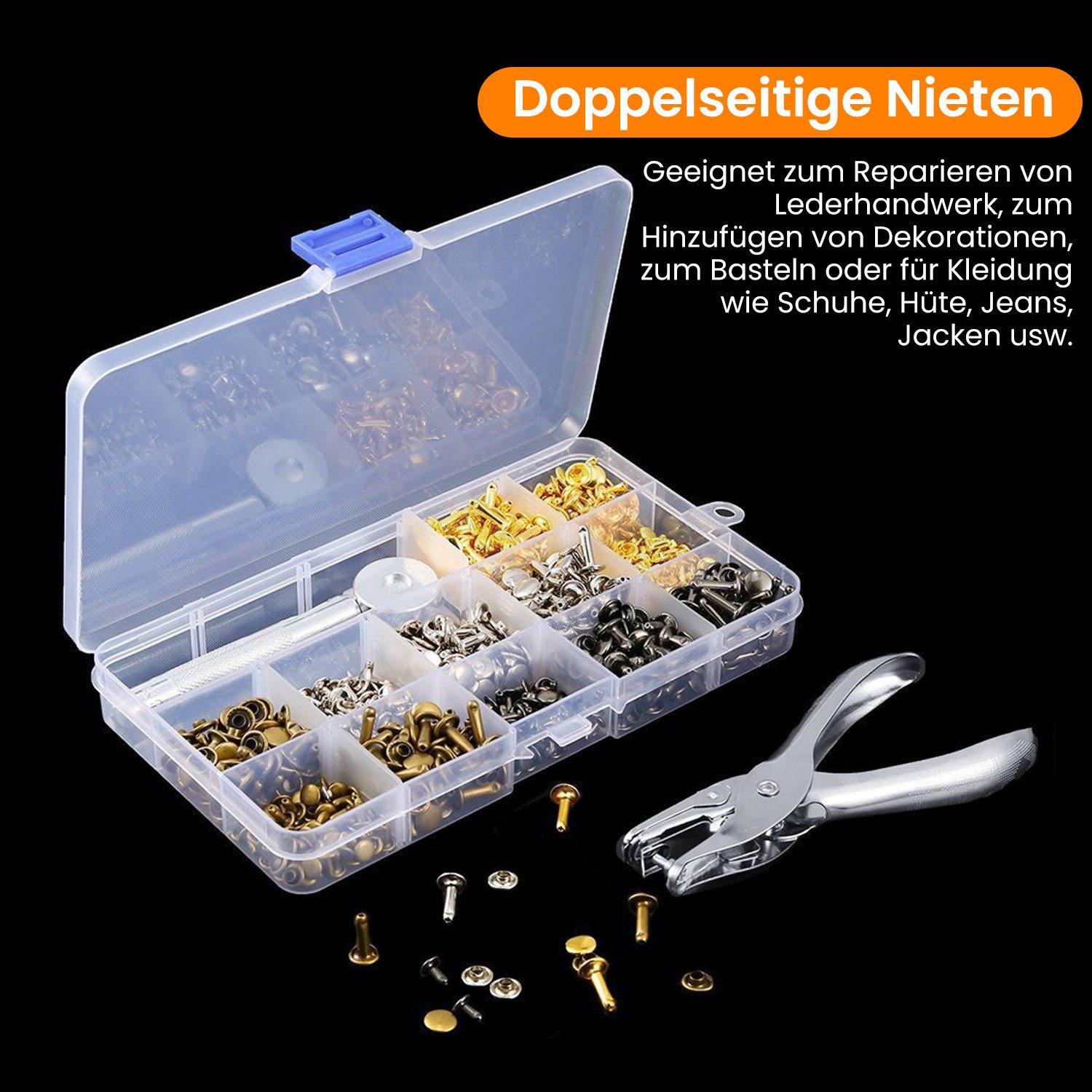 Refttenw Niete Leder Doppelkappennieten-Set aus Metall mit Lochzange (180-tlg)