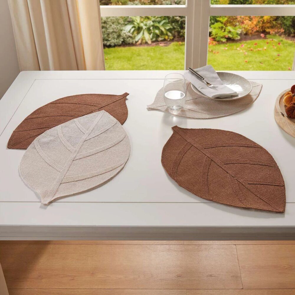 Home-trends24.de Platzset Platzmatte Blatt 4er Set Jute Braun Weiß Tischset günstig online kaufen