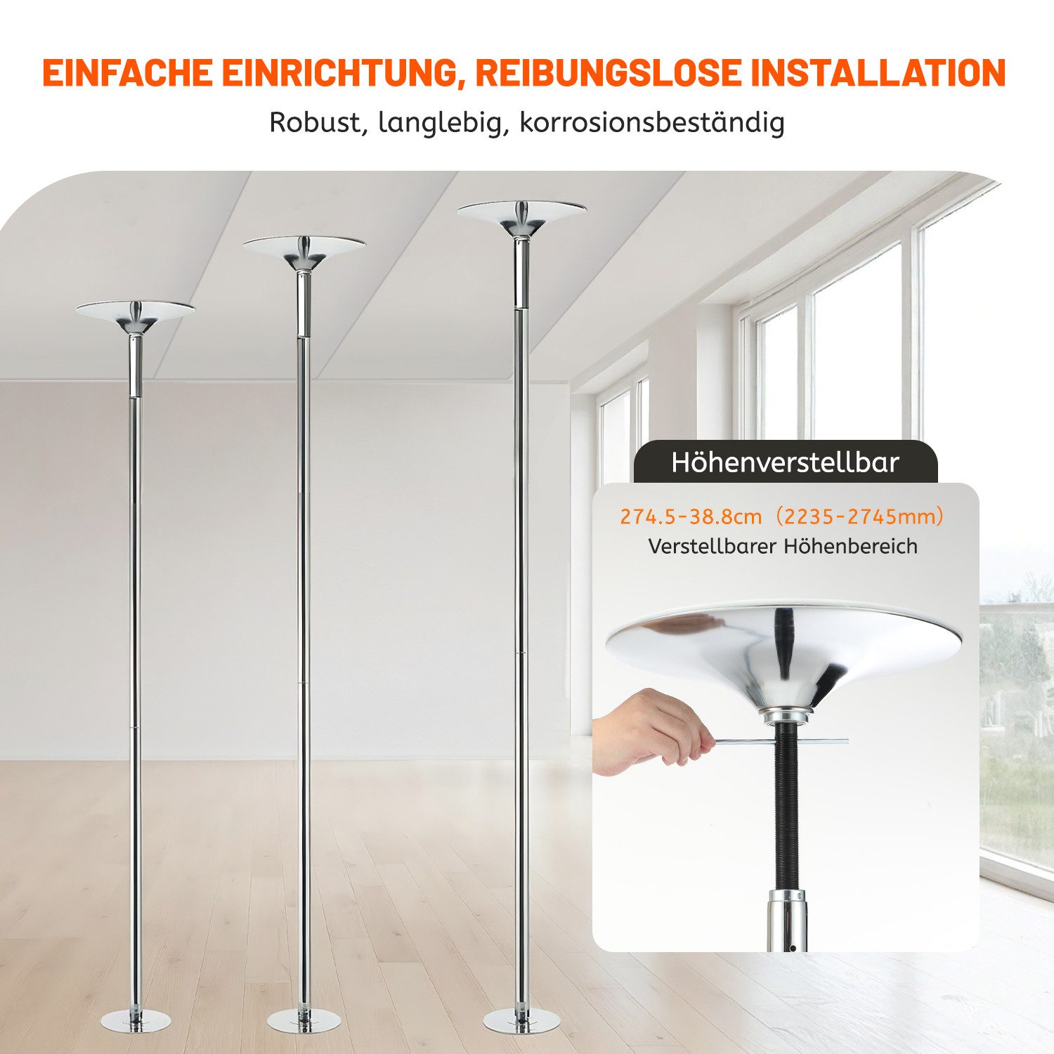 kehot Pole Dance Stange Pole Dance Stange 223,5 bis 274,5 cm Höhenverstellbar,200 kg belastbar, Statisch & Rotierend, Tanzstange aus Stahl, Tragbar,Abnehmbar, 200 kg