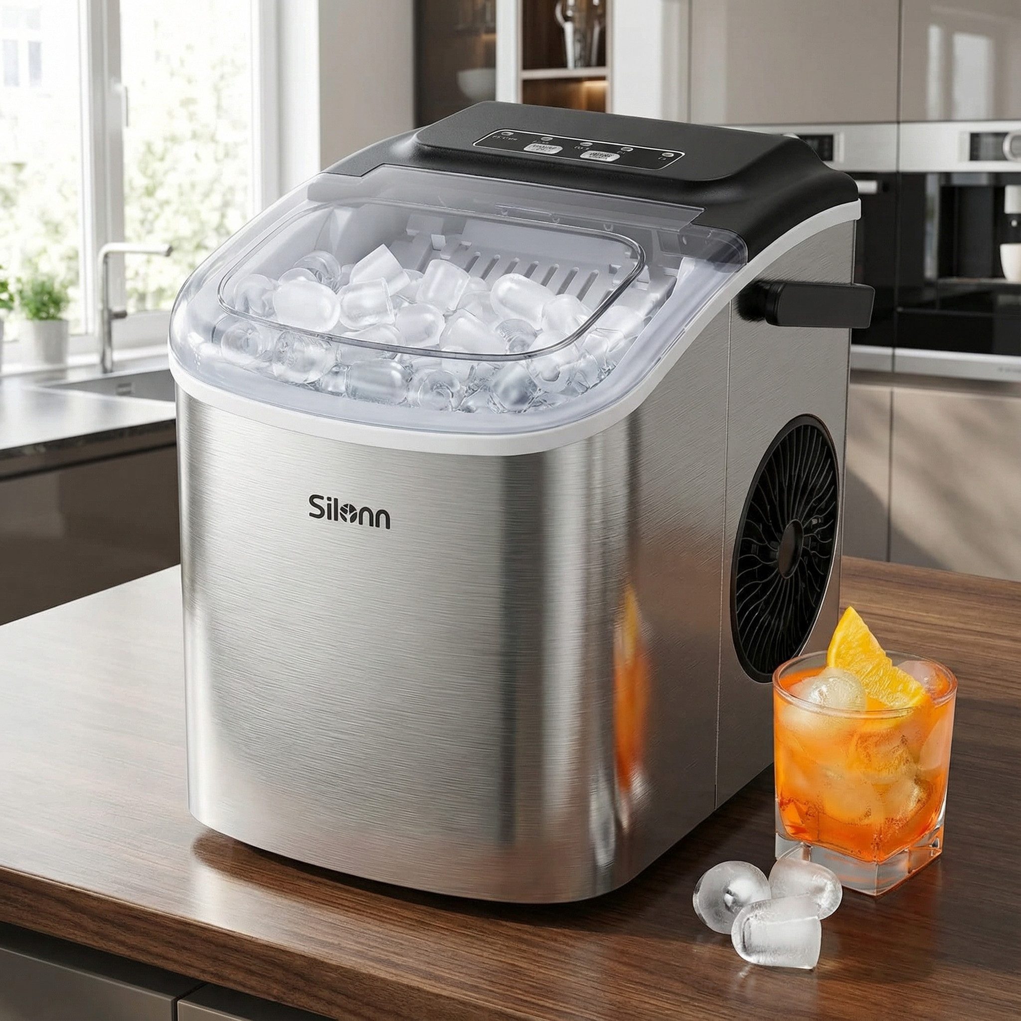 Silonn Eiswürfelmaschine Eiswürfelmaschine kompakt, 2 Eisgrößen, Selbstreinigung, tragbar, 6-minütige Eisherstellung