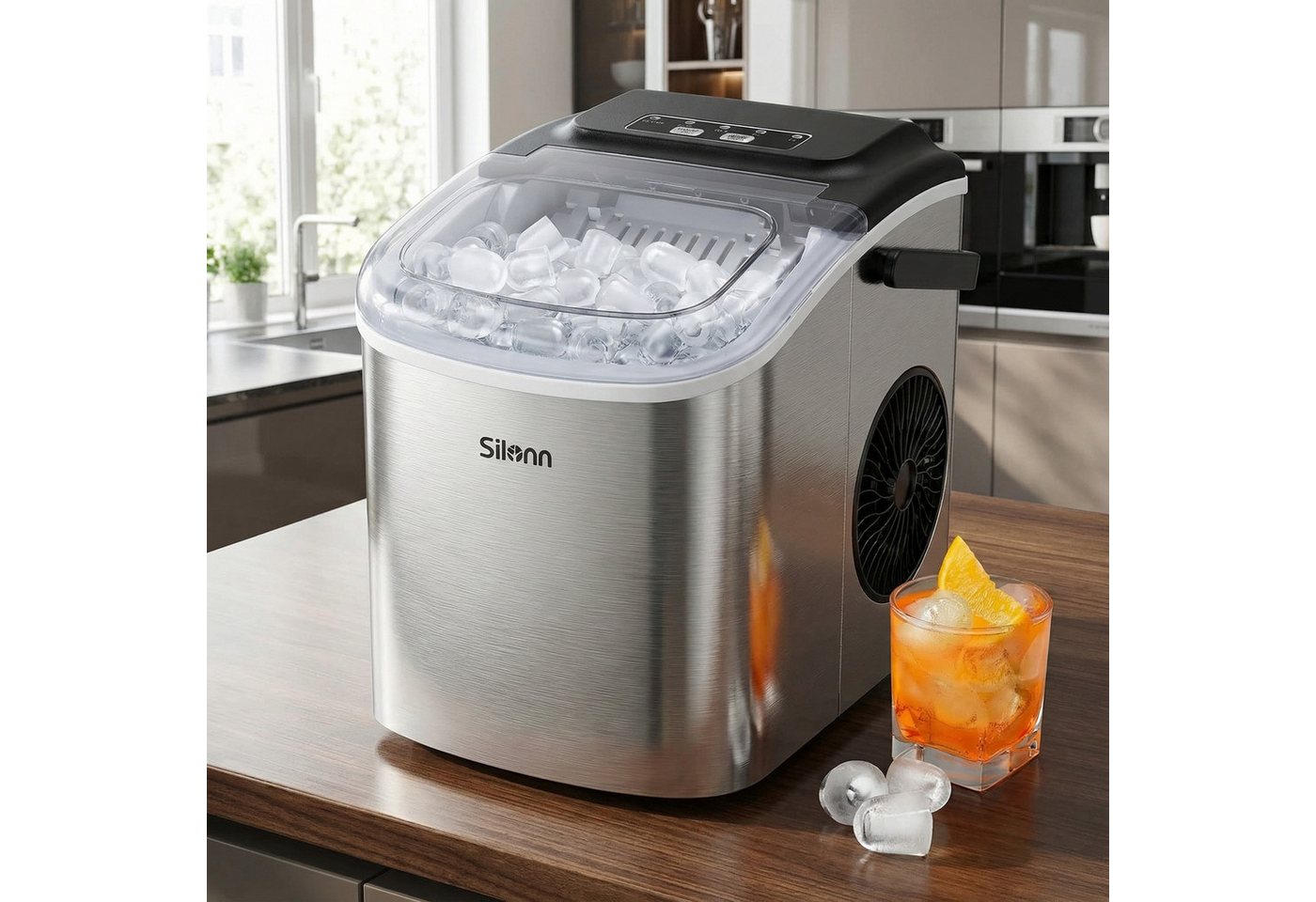 Silonn Eiswürfelmaschine Eiswürfelmaschine kompakt, 2 Eisgrößen, Selbstreinigung, tragbar, 6-minütige Eisherstellung