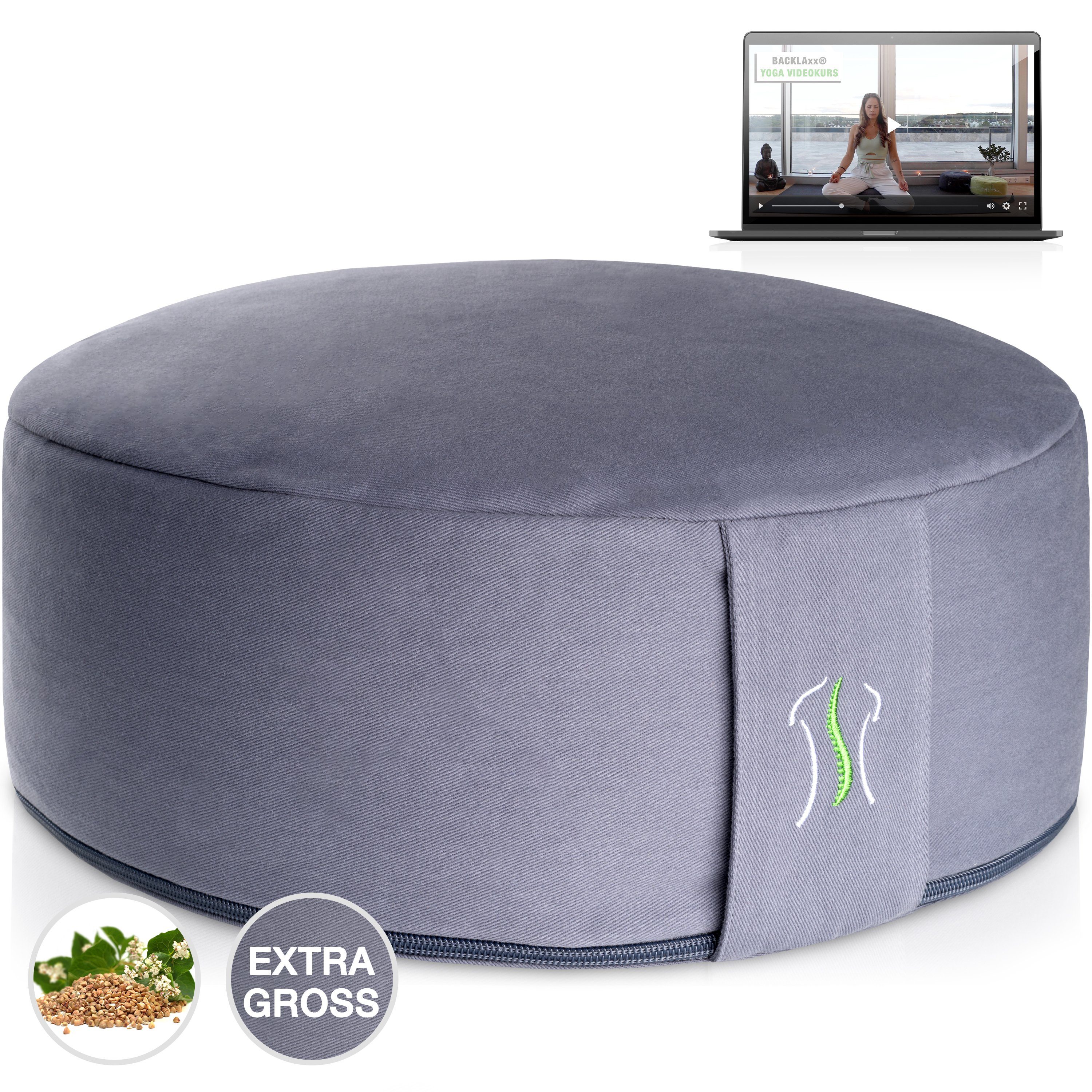 BACKLAxx® Meditationskissen rund 35 cm XL – Yoga Kissen mit formstabiler Buchweizenfüllung, für Meditation & Entspannung – Sitzkissen