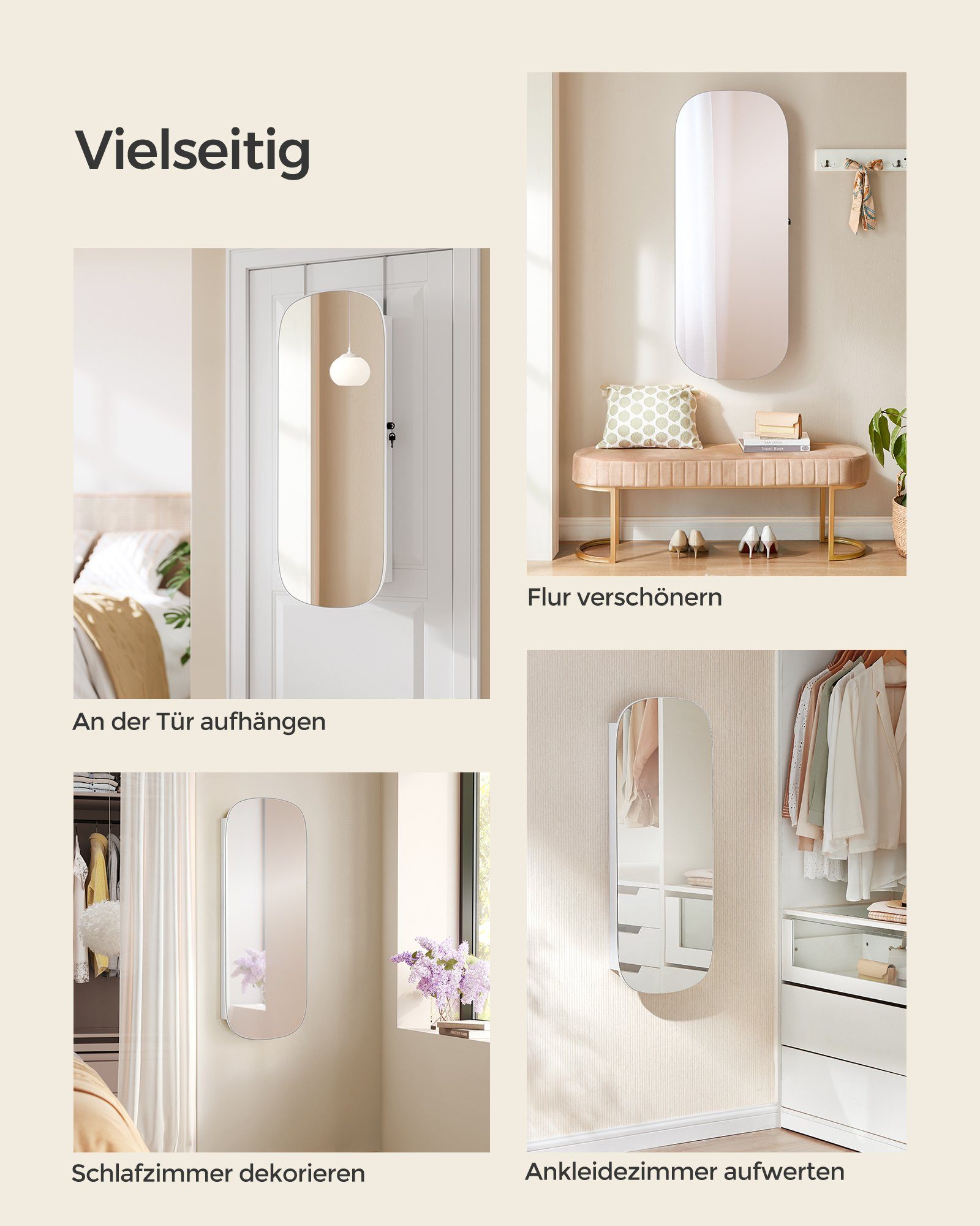 SONGMICS Schmuckschrank Spiegelschrank, Schmuck-Organizer, für Ohrring, Halskette, 10x42x108cm mit LED-Beleuchtung, abschließbar, Wandschrank mit Spiegel, weiß