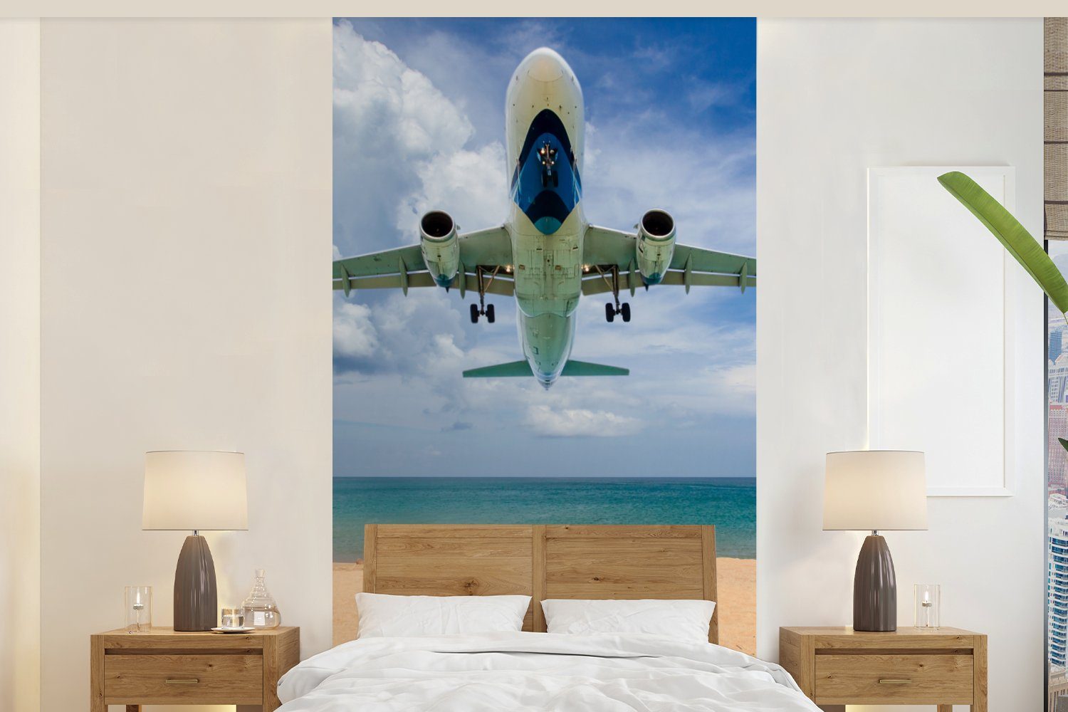 MuchoWow Fototapete Strand - Meer - Flugzeuge, Matt, bedruckt, (2 St), Vliestapete für Wohnzimmer Schlafzimmer Küche, Fototapete