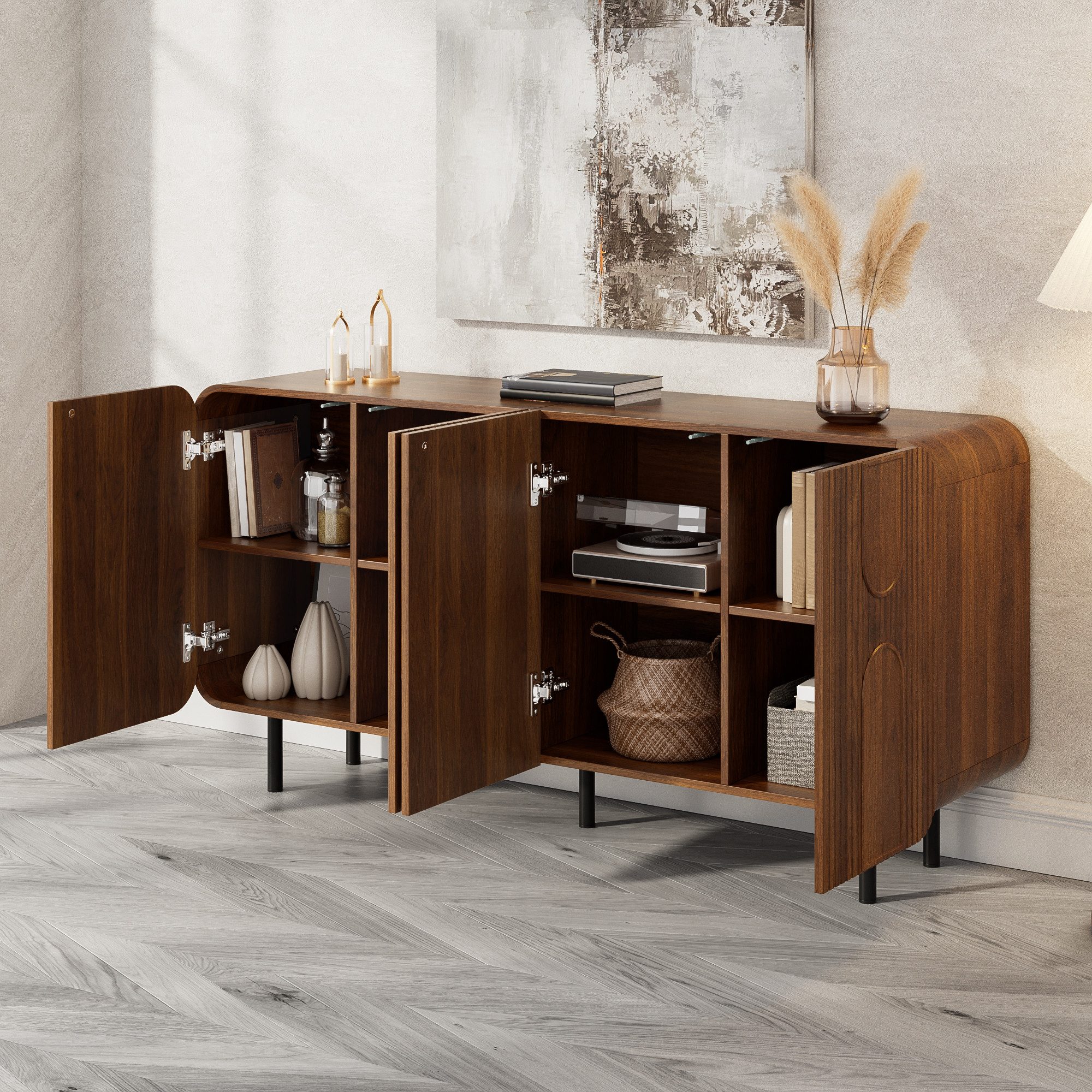 MODFU Sideboard Mid-Century, Nussbaum-Optik, 4 Türen, 8 Fächer 160x79x40 cm (Packung, 1 St., Verstellbare Einlegeböden, geometrische Halbkreisreliefs), Vertikale Rillen, abgerundete Ecken, Metallbeine