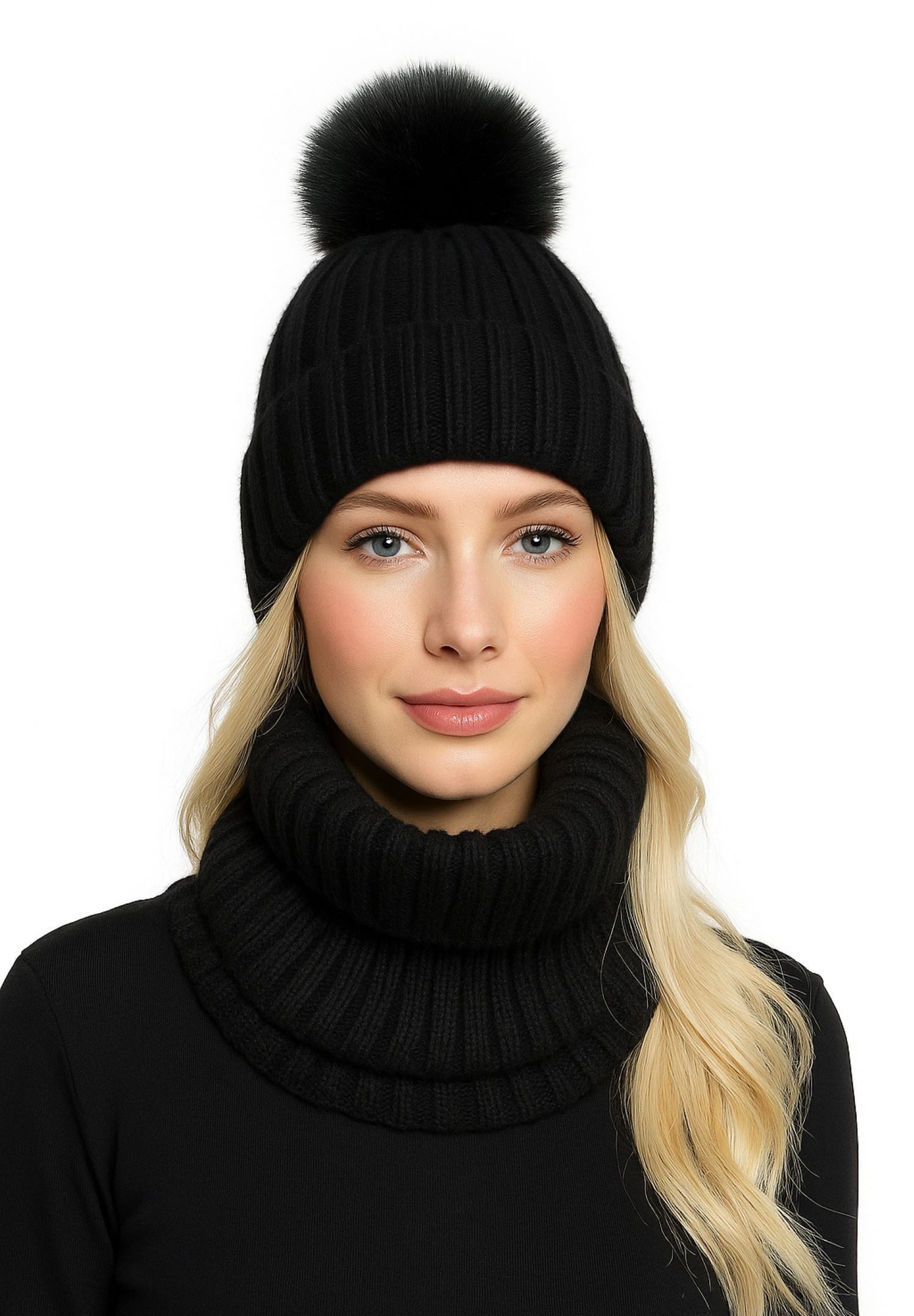 Respect Beanie Strick-Set mit Bommelmütze und Schal mit Bommel