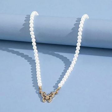 Fivejoy Perlenkette Perlenkette, Perlen-Schmetterlings-Patchwork-Halskette im Boho-Stil (1-tlg), (1-tlg), Elegante, schlichte Perlenkette mit Schmetterlingsanhänger