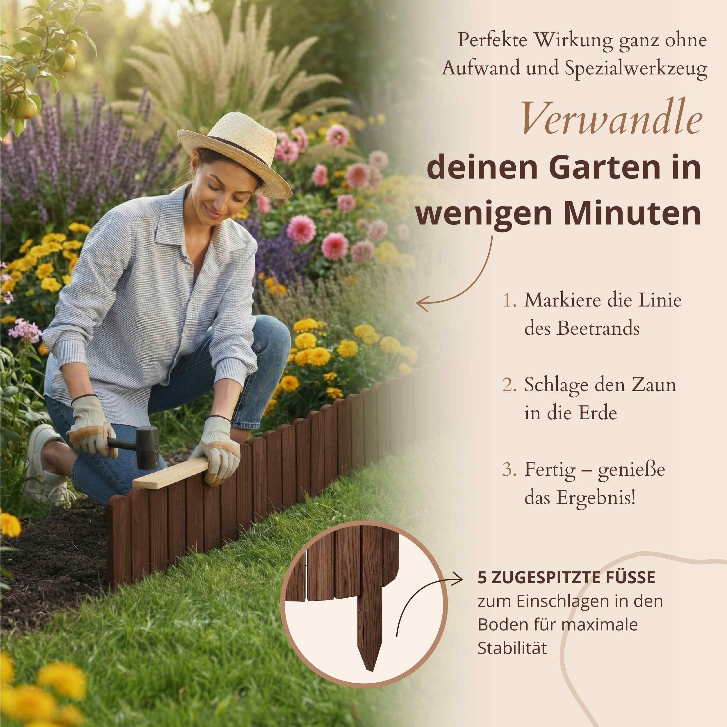Floranica Beetbegrenzung Beeteinfassung Beetumrandung Rasenkante Umrandung Flexibler Rollborder, LxH: 200x10 cm, 1 Stk., Braun, für Garten, Rindenmulch, Blumenb – Bild 5 von 5
