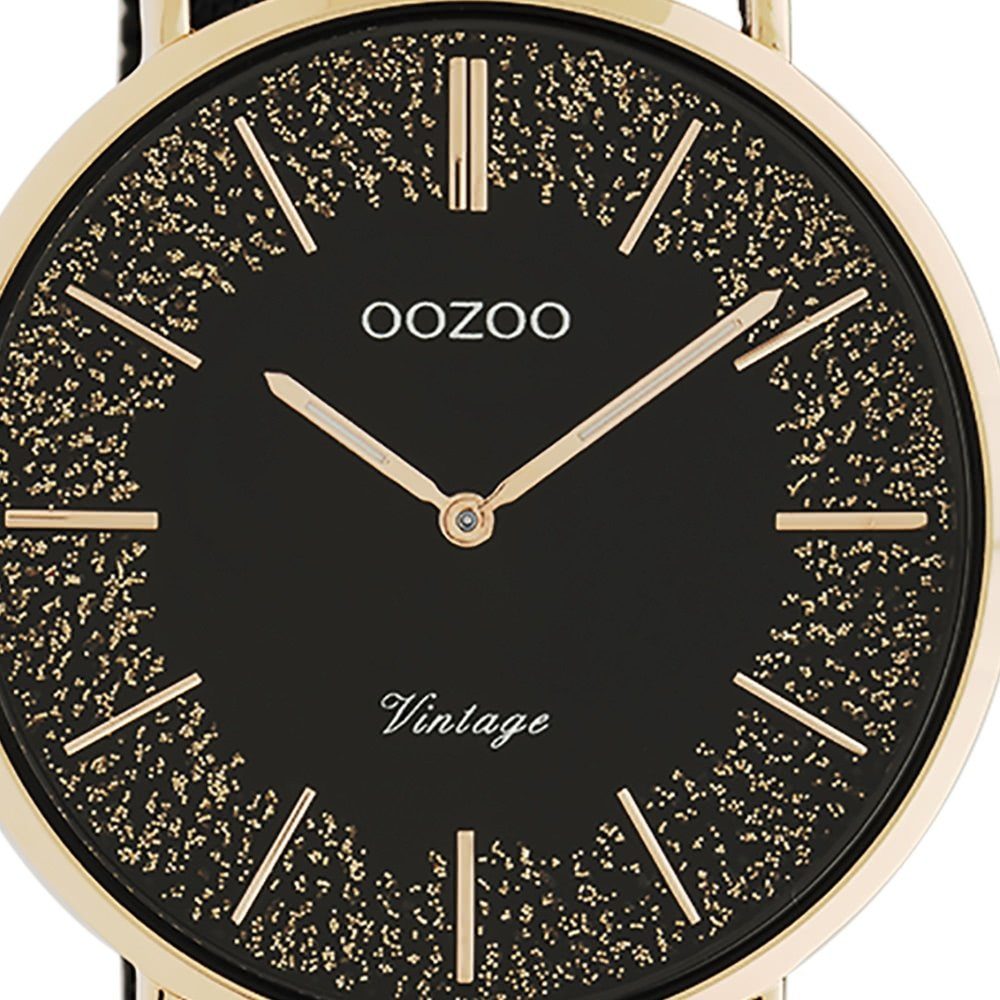 groß Analog, Damenuhr 40mm) Edelstahlarmband, (ca. OOZOO schwarz rund, Damen Oozoo Elegant-Style Quarzuhr Armbanduhr