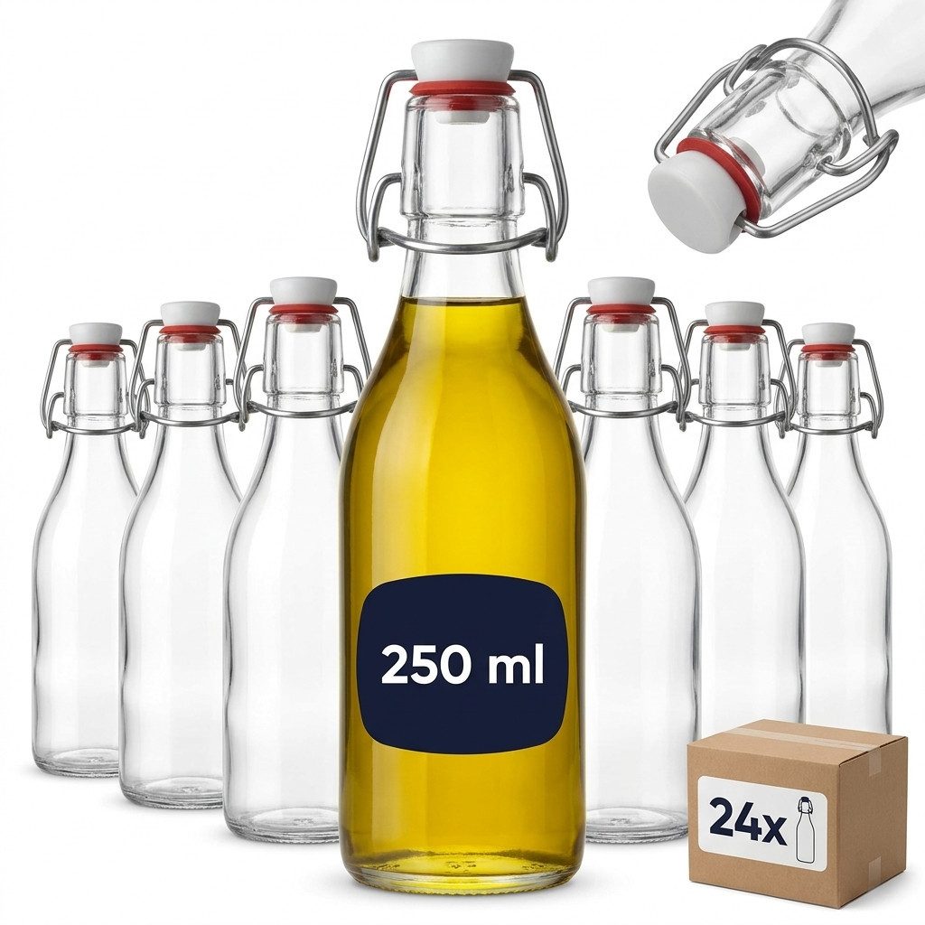 gouveo Trinkflasche gouveo 24er Set Glasflasche 250 ml rund mit Bügelverschluss (BFR250), 24er Set Mehrweg-Bügelflaschen 250 ml – auslaufsicher