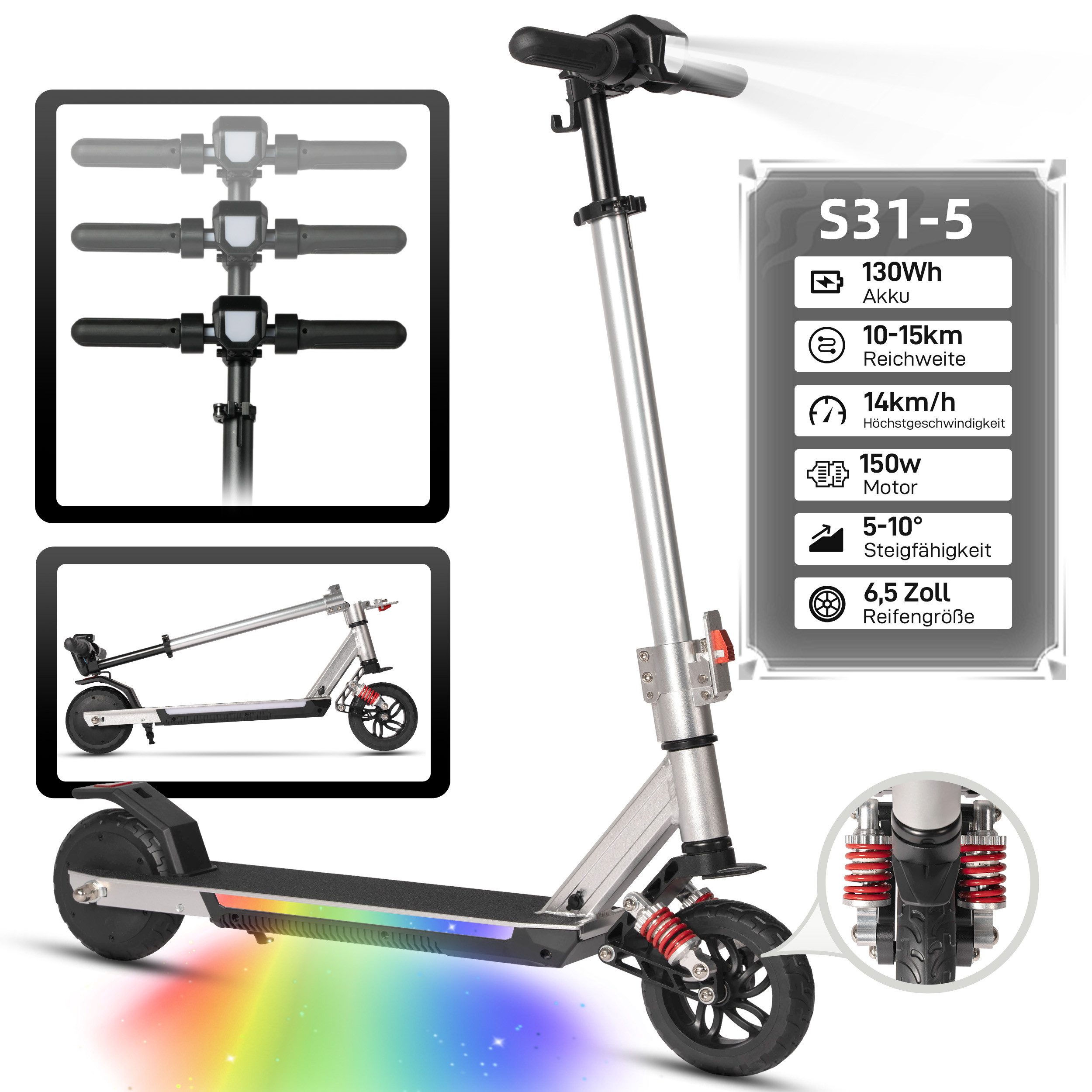 Vankel Elektro-Kinderroller E Scooter für Kinder, ab 10 Jahren, 15km, Federung, klappbar, Belastbarkeit 50 kg, 14km/h, Cityroller, EBS+Fußbremse, höhenverstellbar, Bunte Leuchten