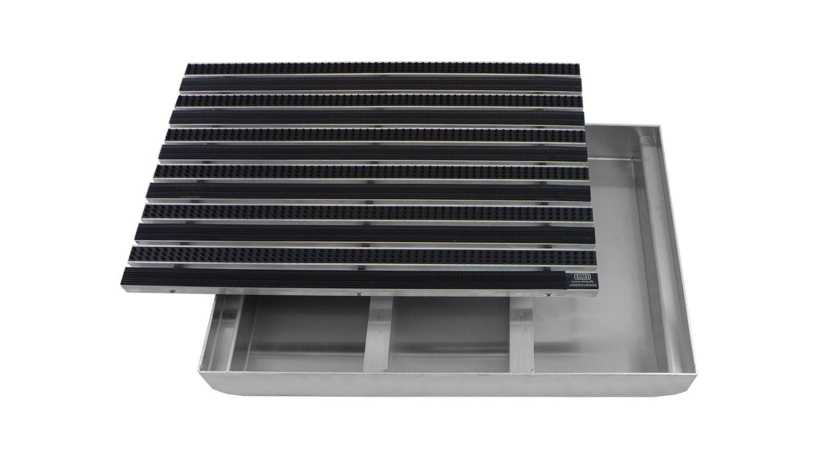 Emco Fußmatte Eingangsmatte DIPLOMAT + Bodenwanne Aluminium, Gummi + Bürsten Schwarz, rechteckig, Höhe: 75 mm, Größe: 750x500 mm, für Innen- und Außenbereich