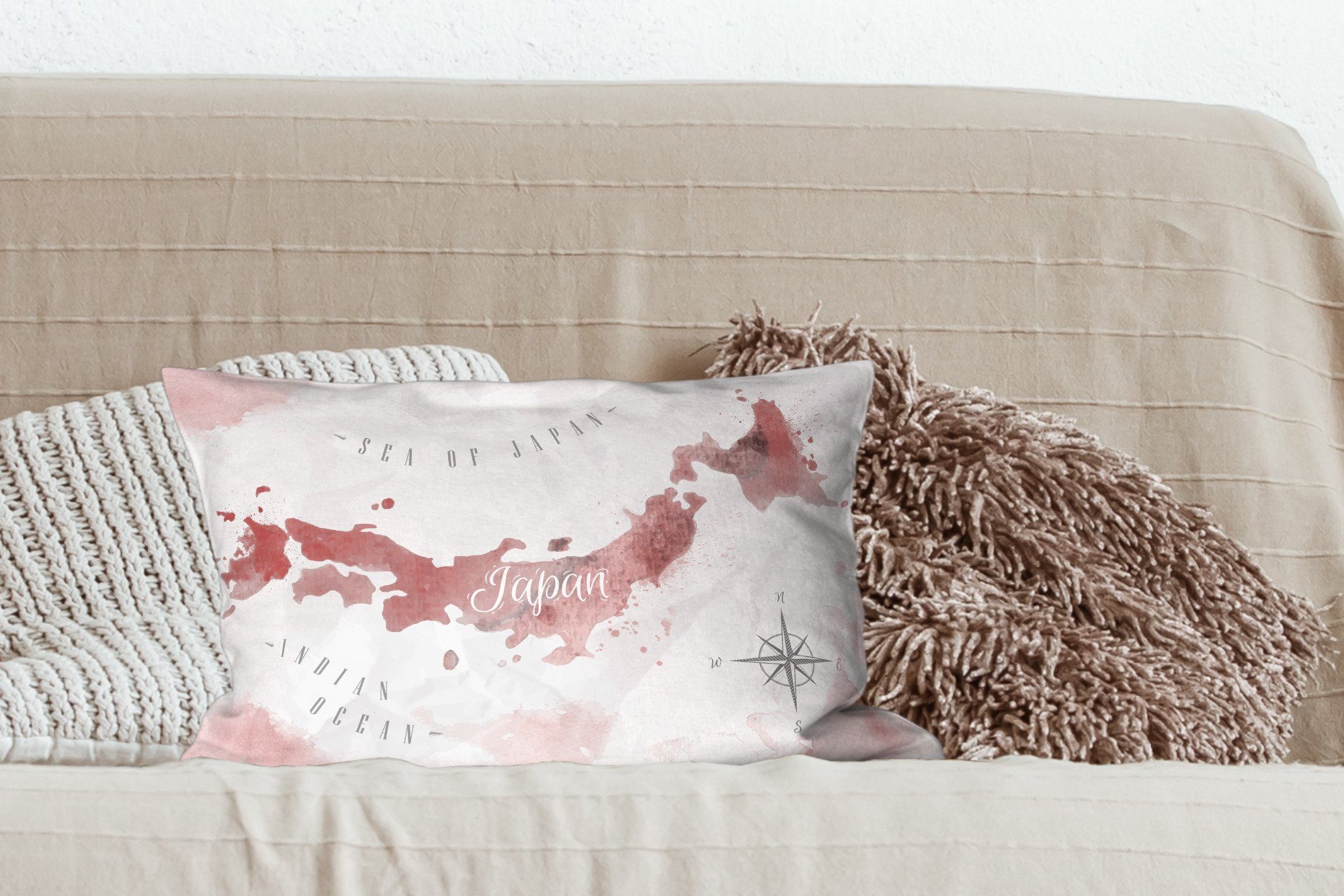 MuchoWow Dekokissen Japan Rot, mit Dekokissen - Füllung, Zierkissen, Dekoration, - Karte Schlafzimmer - Wohzimmer Aquarell