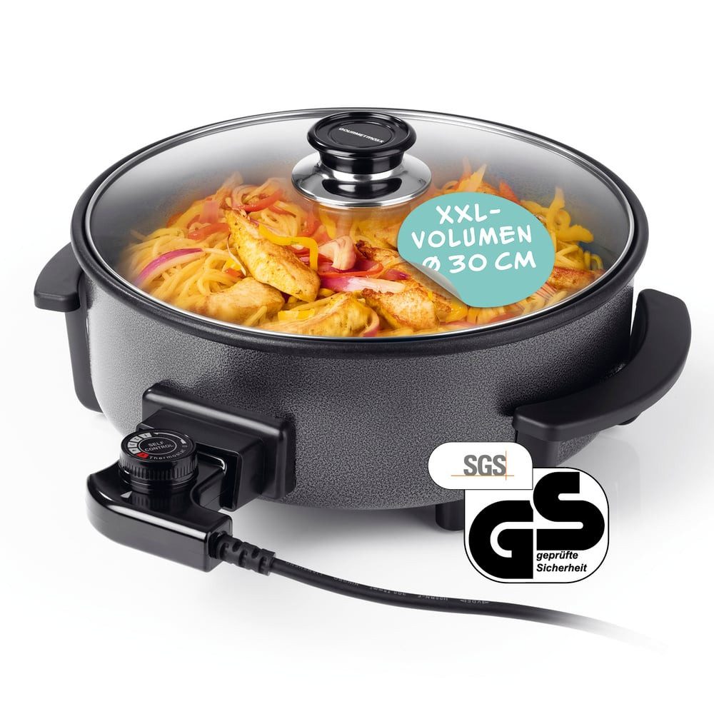 GOURMETmaxx Elektrische Pfanne 1500W metallic schwarz 30cm mit Deckel und Trenner, 1500 W, Pasta Pizza ohne Herd zubereiten Antihaftbeschichtung mit Cool-Touch