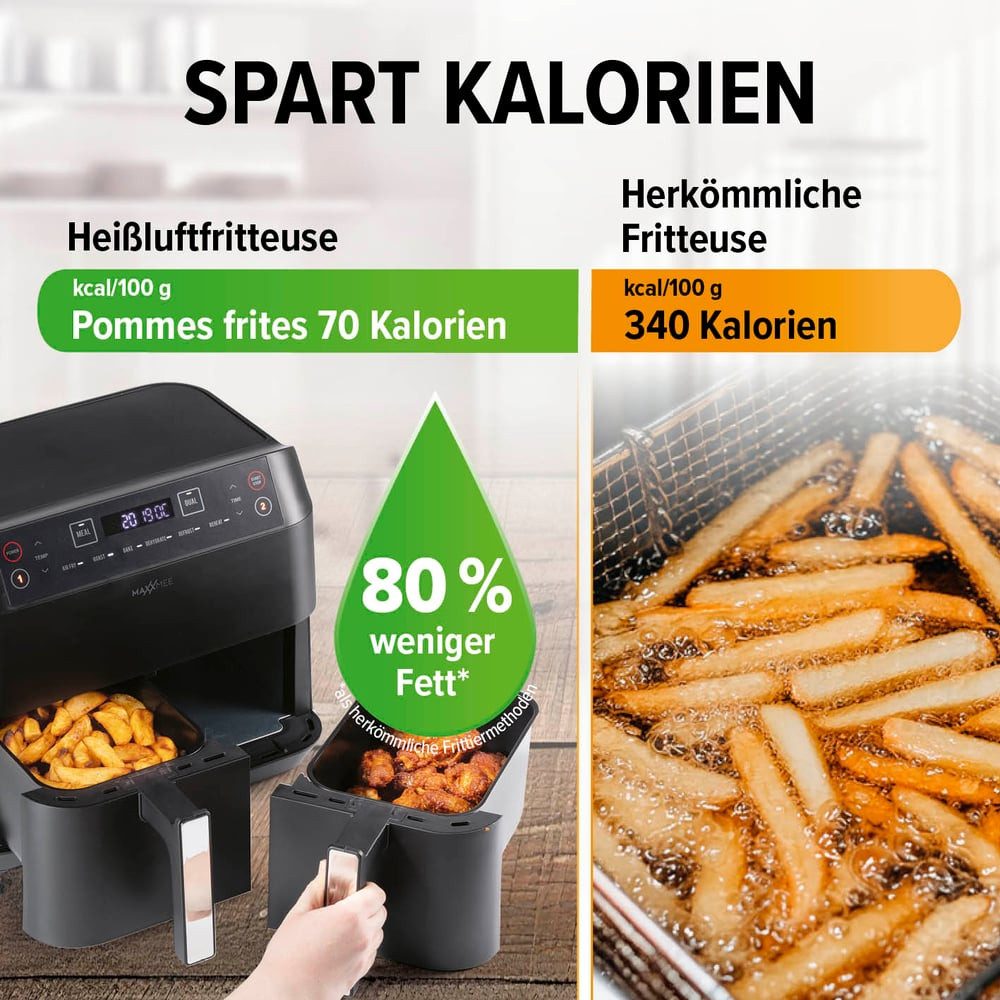 MAXXMEE Heißluftfritteuse Doppelkorb 7,6 Liter, Digitale Doppel Heiß-Luftfritteuse, 2400 W, 2x 3,8 Liter,  Airfryer mit 2400 Watt - Schwarz