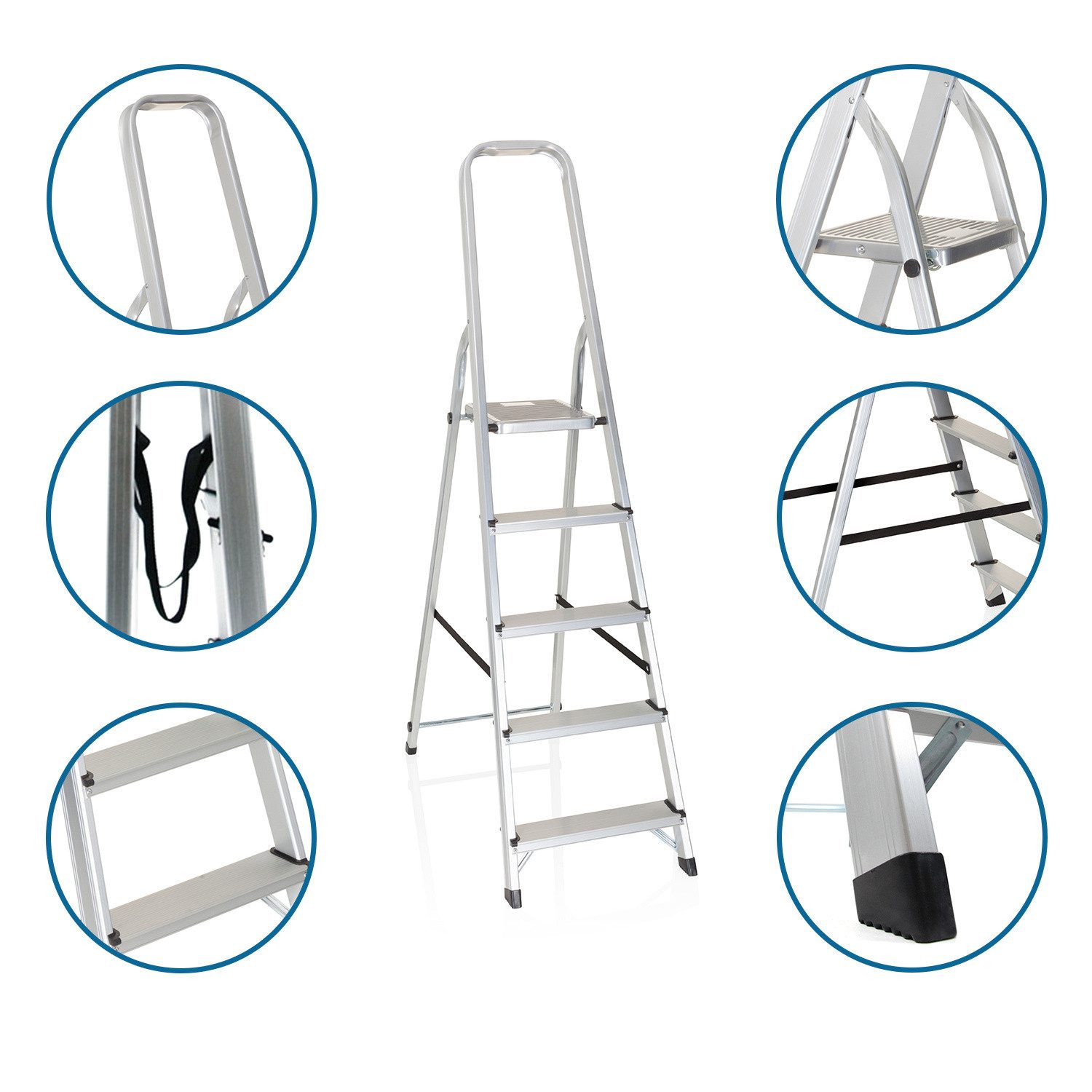 hjh OFFICE Trittleiter Klappleiter SOLID III Aluminium (1 St, 1-St), Leiter mit 5 Stufen, mit Sicherheitsbügel