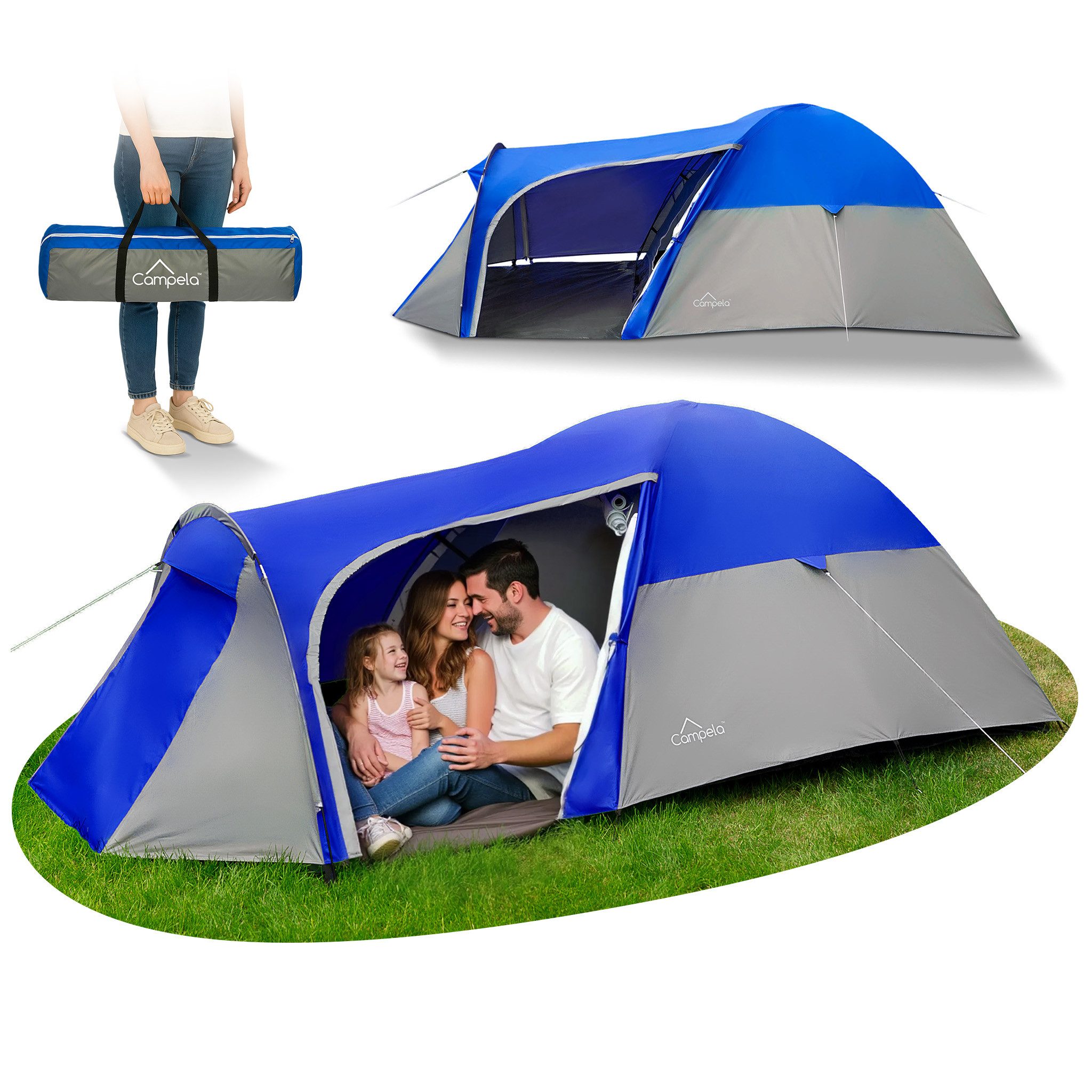 Campela Biwakzelt Campela 3-Personen Zelt – wasserdicht, kompakt, mit Netz, Personen: 3