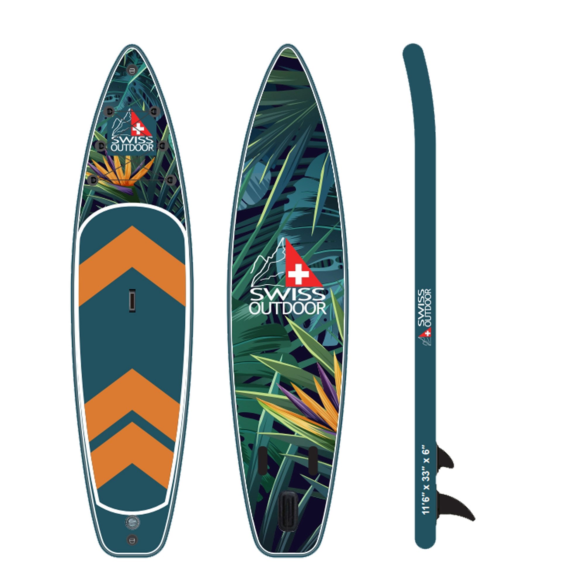 Swiss Outdoor SUP-Board Stand Up Paddle SUP dschungel, (Set, mit Paddel, Transporttasche, Finnen, Pumpe), mit Paddel, 2 Wege Pumpe, Rucksack, 3 Finnen