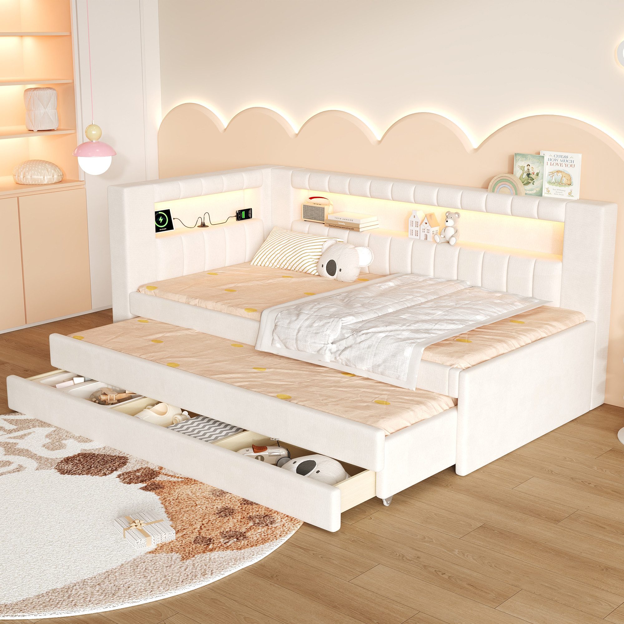 Flieks Daybett, Polsterbett 90x200cm mit Ausziehbett 90x190cm, Schubladen, USB & LED