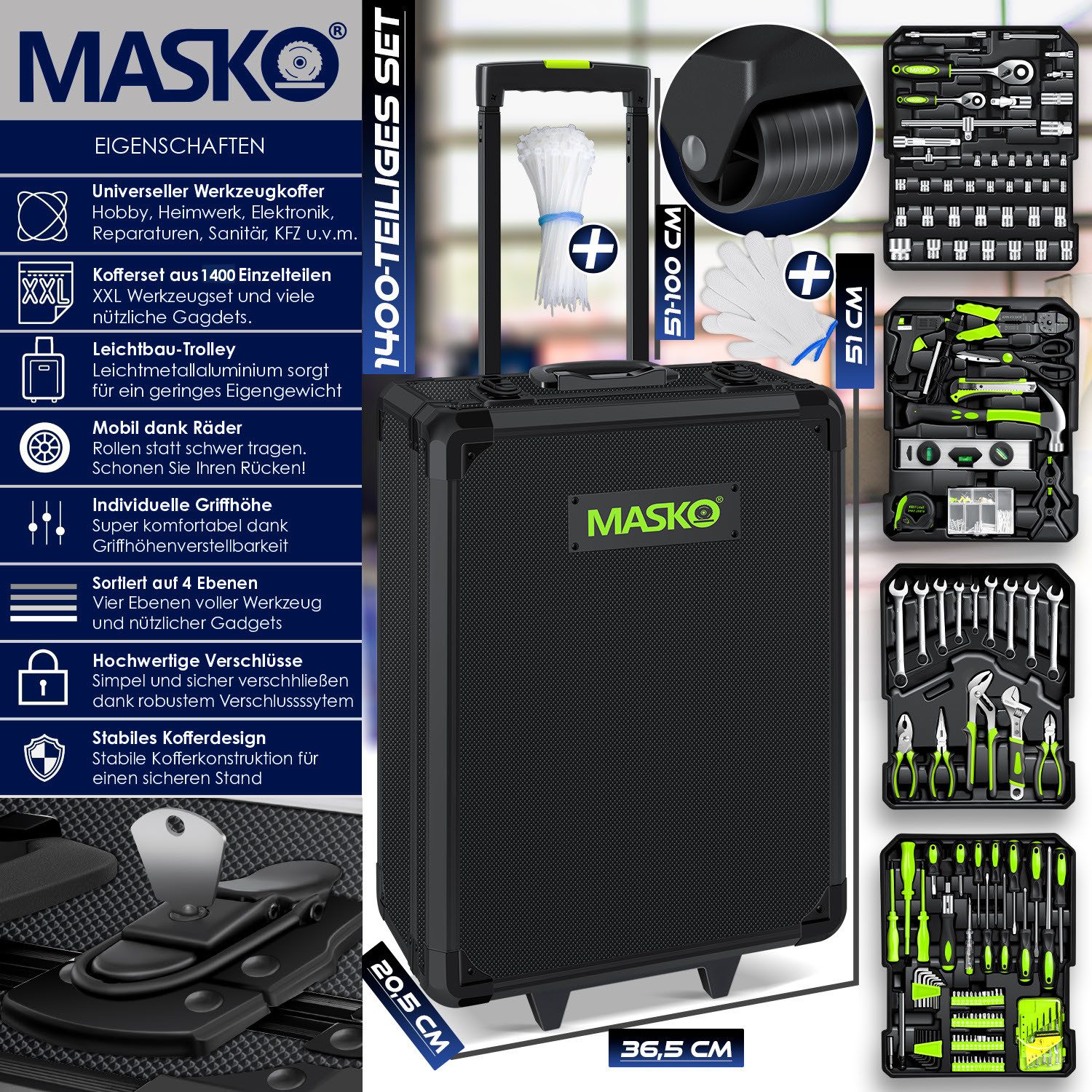 MASKO Werkzeugtrolley Werkzeugkoffer 1400-teilig, Werkzeugkasten aus Aluminium mit Rollen (gefüllte Werkzeugkiste mit Profi-Werkzeugset aus 1.400 Einzelteilen), Werkzeugwagen für Werkstatt, KFZ & Haushalt mit Werkzeugen & Zubehör