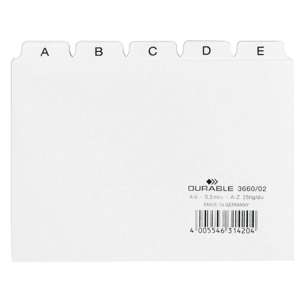 DURABLE Karteikarten 25-tlg. Karteikarten-Register A6 quer 5/5-Teilung A-Z - weiß, Tabbreite 2,5cm, 5/5 Teilung, A - Z geprägt (25-tlg), DIN A6 quer