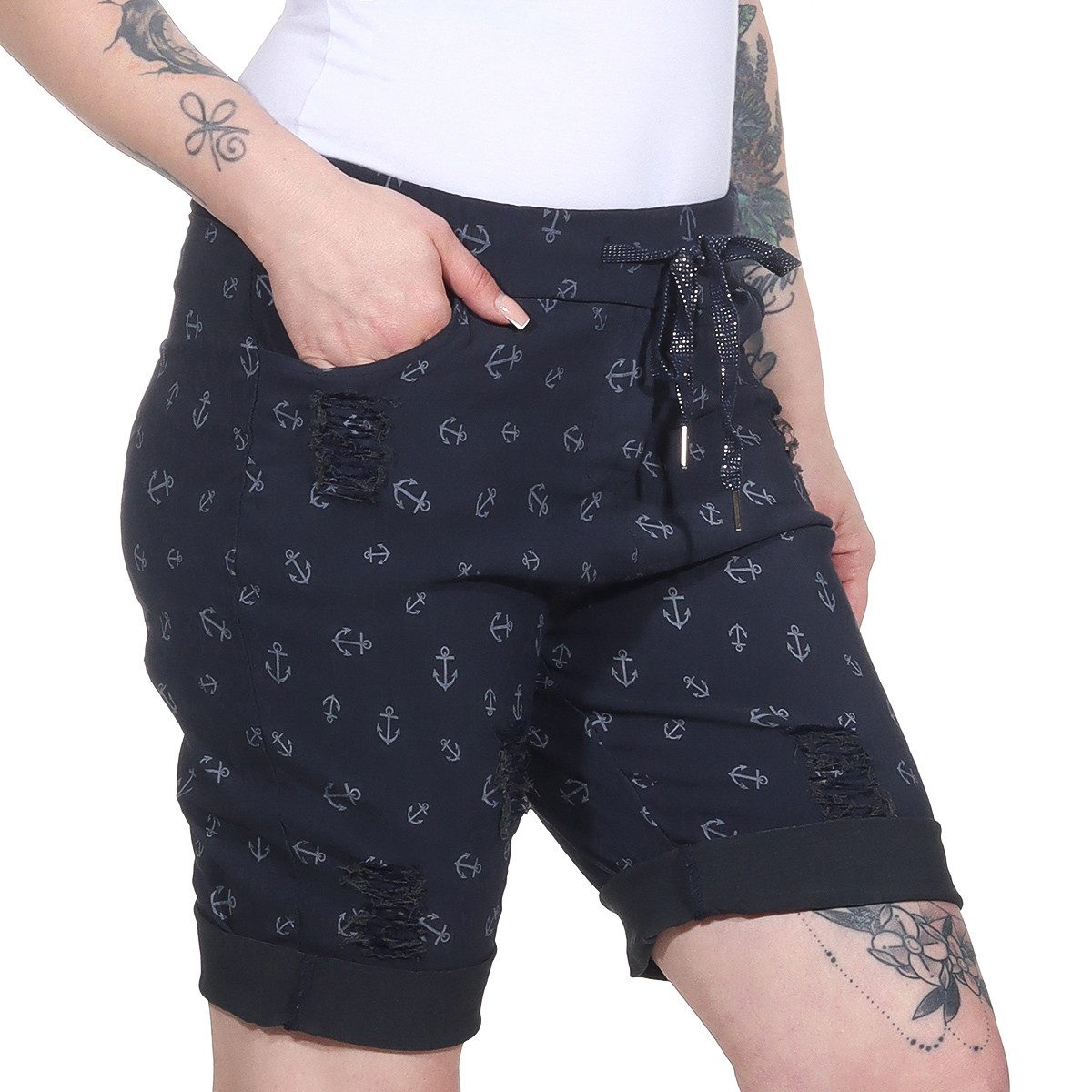 Aurela Damenmode Chinoshorts Kurze Damen Hose Sommer Chino maritime Bermuda moderne Knitteroptik, Vintage, mit Gummibung & Kordelzug