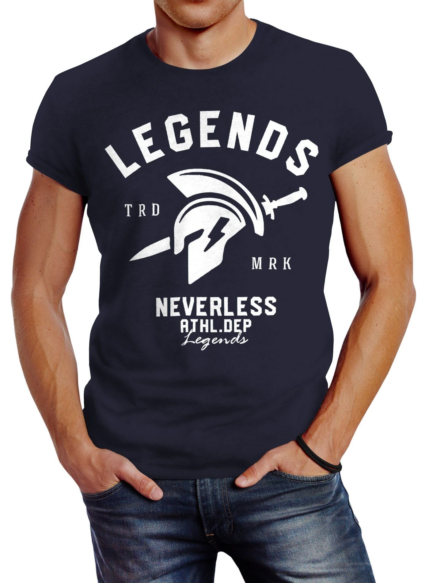 Neverless Print-Shirt Cooles Herren Legends Print Fitness Gym Sparta Athletics Gladiator Sport Neverless® mit T-Shirt navy