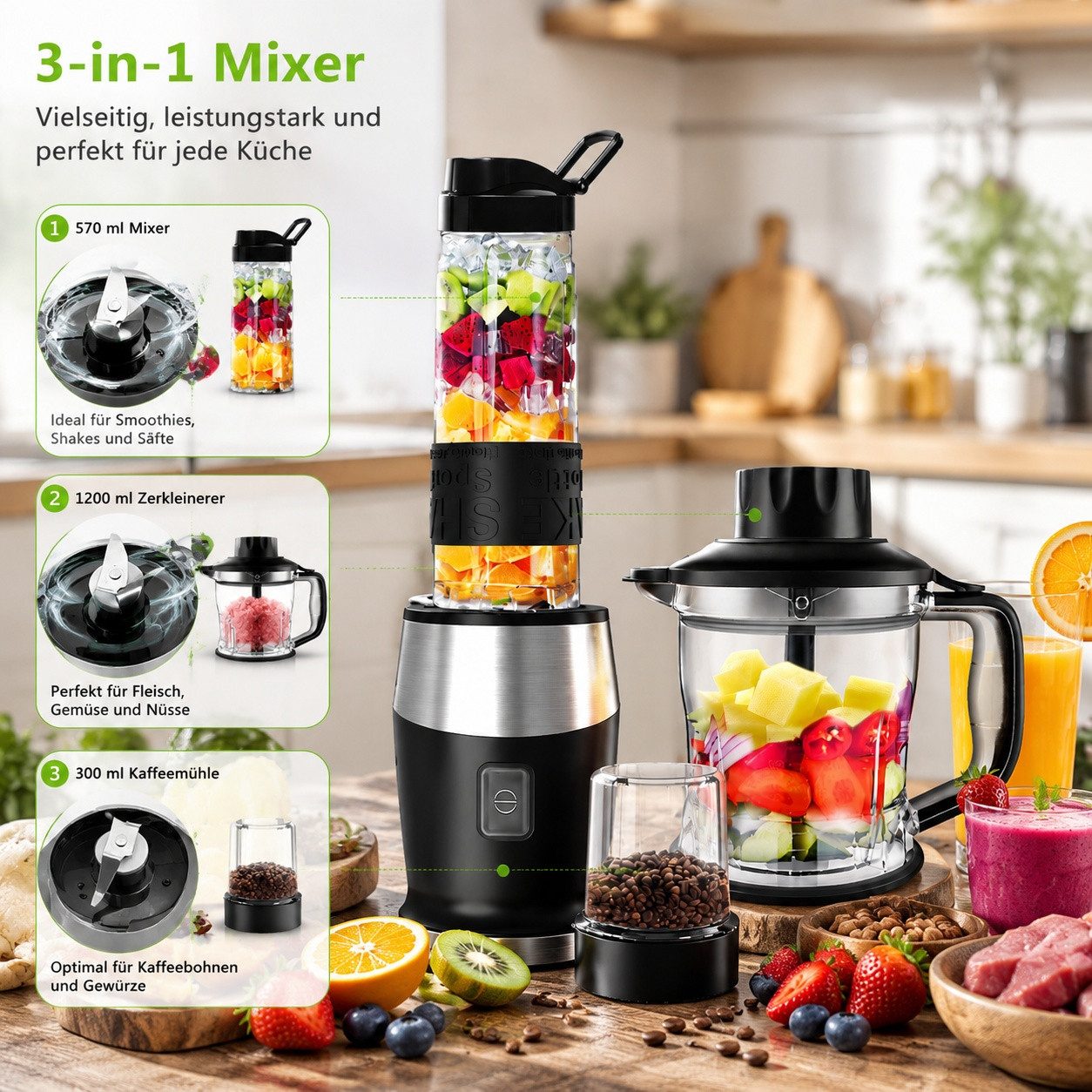Fofile Standmixer 3-in-1 Mixer Smoothie Maker Zerkleinerer & Mühle mit Tragbarer Becher, 700 W, 24.000 U/min, 4 scharfen Edelstahlmessern, Ein-Knopf-Bedienung