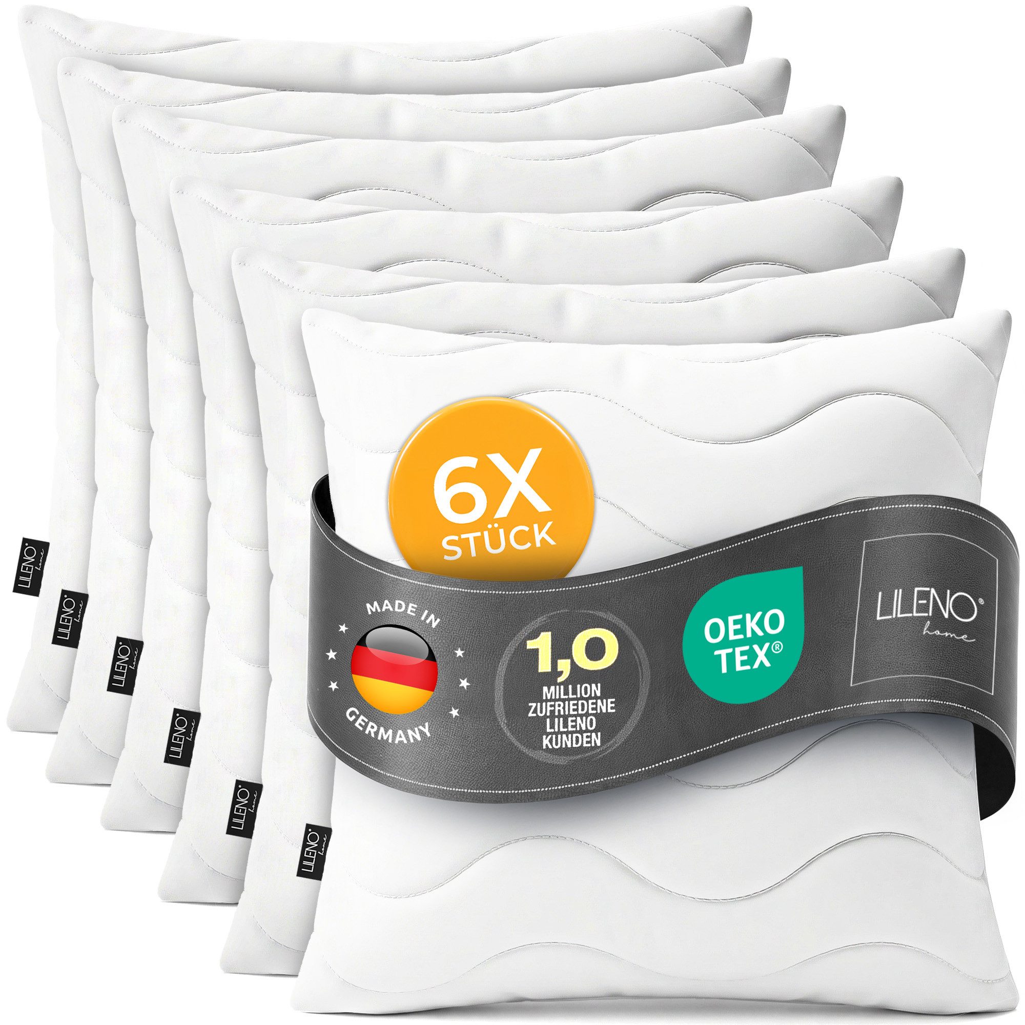 LILENO HOME Kopfkissen - gestepptes Kissen in verschiedenen Größen - Made in Germany, Füllung: 100% Polyester, Rückenschläfer, Seitenschläfer, Bauchschläfer, Spar-Set, 6er Set, Dekokissen 50x50 cm, allergikergeeignet, Bettkissen oder Kopfkissen
