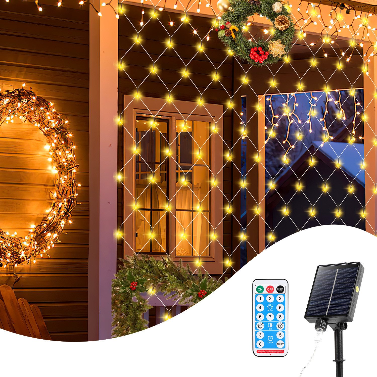 Clanmacy LED-Lichternetz Solar Lichternetz Lichtervorhang 8 Modi-Speicherfunktion IP44 Party