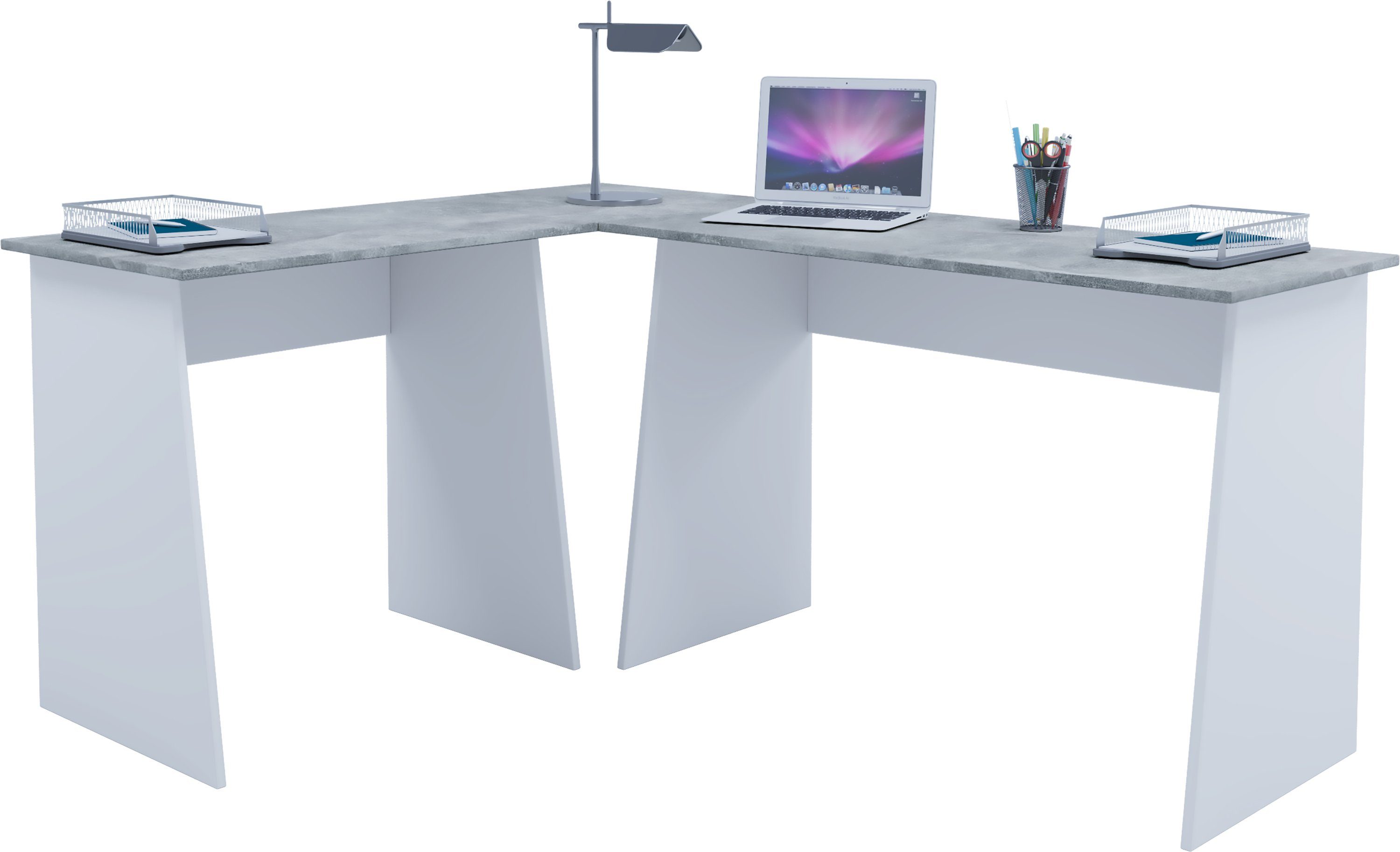 VCM Schreibtisch Eckschreibtisch Beton-Optik Masola Winkeltisch / Weiß Holz