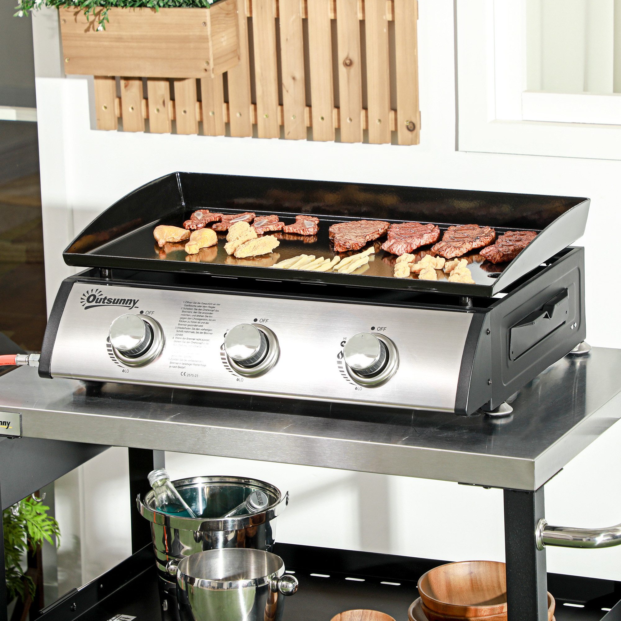 Outsunny Gasgrill mit Deckel, 3 Brennern, Fettauffangschale, antihaft-Platte, Tischgasgrill, Tischgrill, für Garten, Balkon, Schwarz