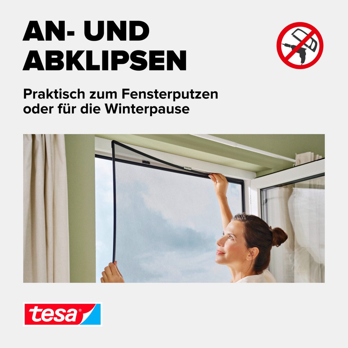 tesa Insektenschutz-Fensterrahmen Insect Stop Anklipsrahmen - Fliegengitter für Fenster, (Packung, 1-St., inkl. Fiberglas-Netz in Anthrazit, Rahmen und Halteklip-Lösung), Selbstklebende Halteklips, zuschneidbarer Rahmen, ohne Bohren