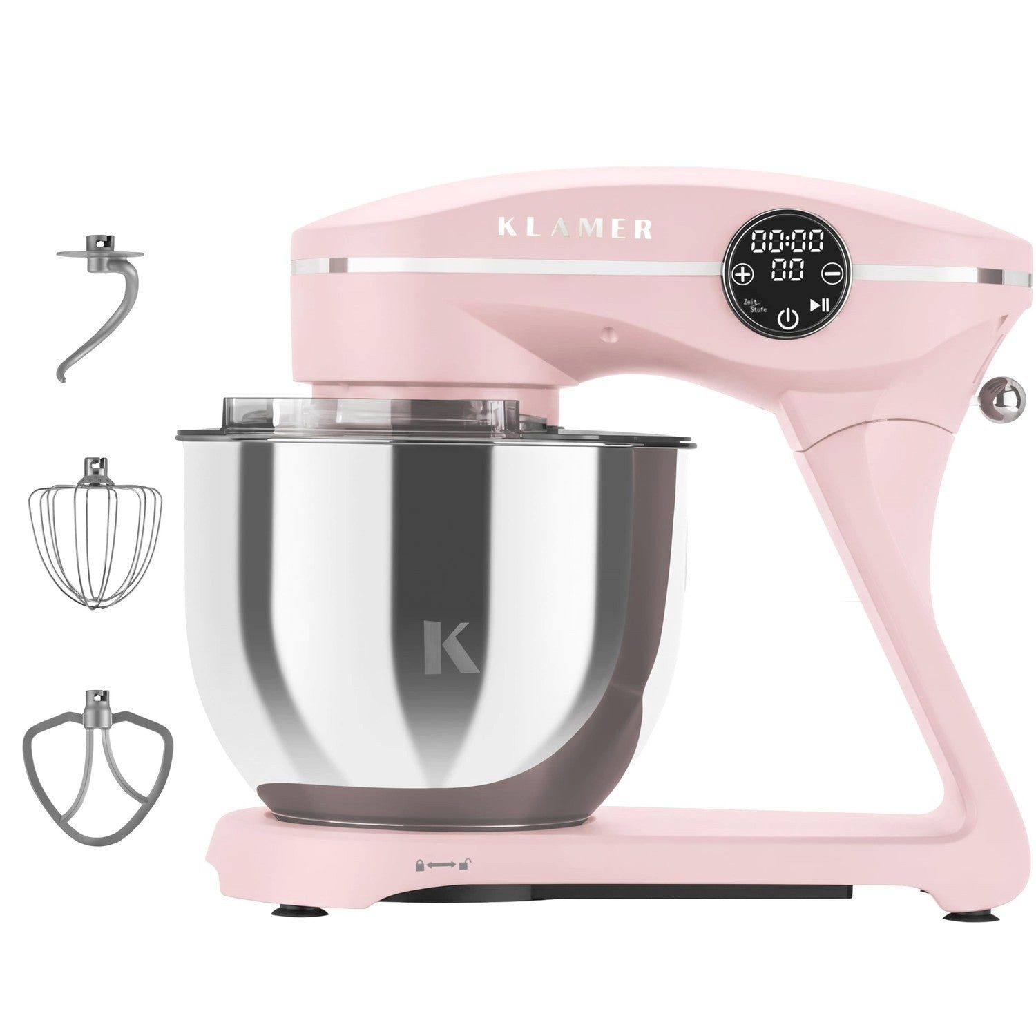 KLAMER Küchenmaschine 1800W, Knetmaschine mit 6 Liter Edelstahl Schüssel, 10 Geschwindigkeitsstufen mit Timer, Rührbesen, Knethaken, Schneebesen und Spritzschutz, weiss, 1800 W, 6 l Schüssel, Spritzschutz, 3 Werkzeuge, Saugfüße, digitales Display, Timer