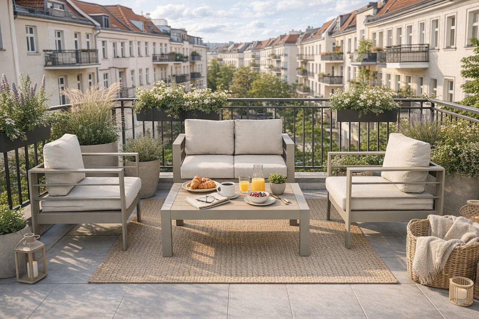 MeXo Gartenlounge-Set XXL Gartenmöbel Set Aluminium Outdoor, (Balkonmöbel für Kleinen Balkon, 4-tlg., 1×2-Sitzer Sofa, 2×Sessel, 1×Tisch, 8×Auflagen), wetterfest Sitzgruppe Essgruppe Gartengarnitur für 3-4 Personen, Beige