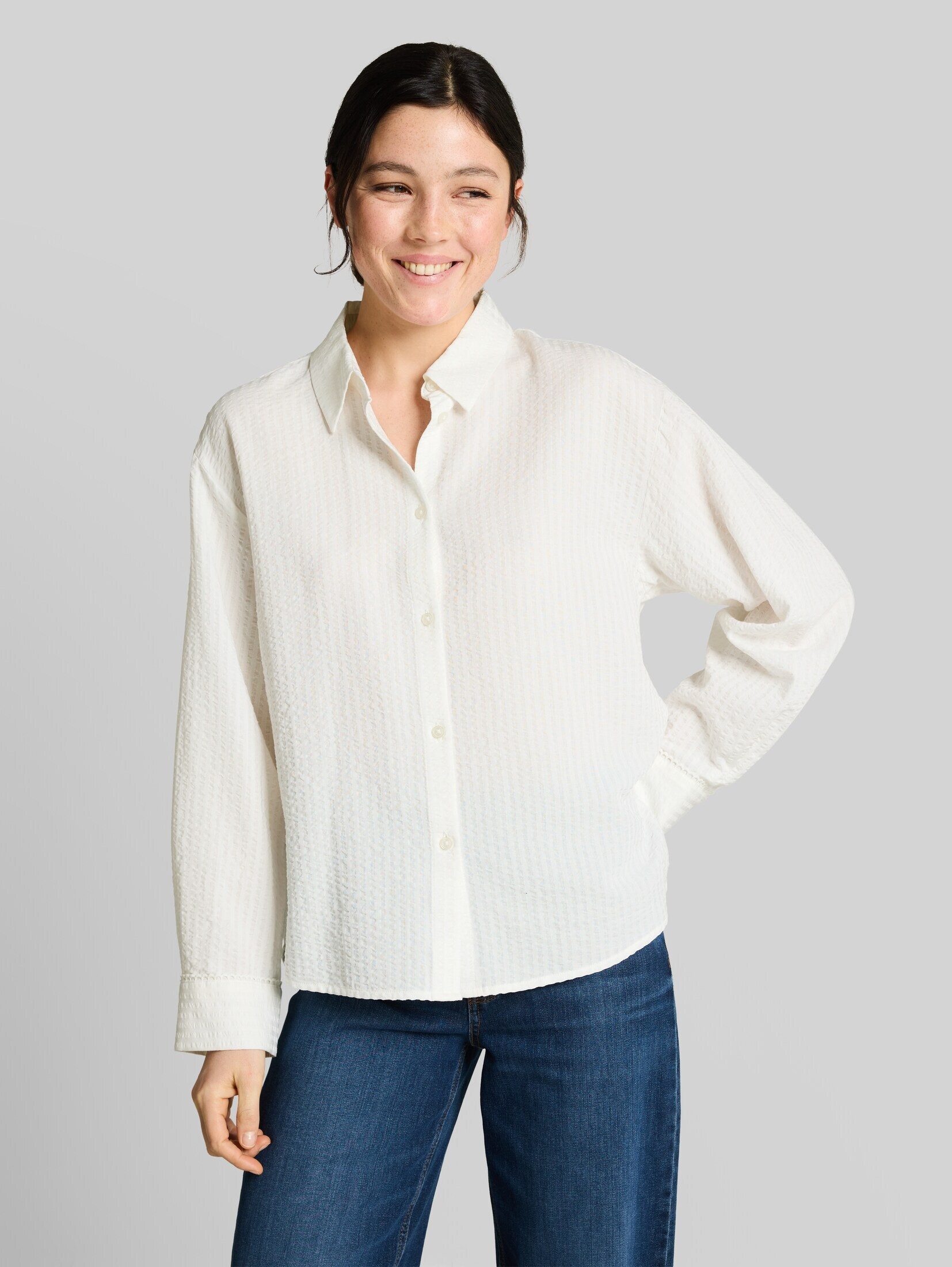 TOM TAILOR Denim Langarmbluse Blusen & Shirts Loose Fit Seersucker Hemdbluse