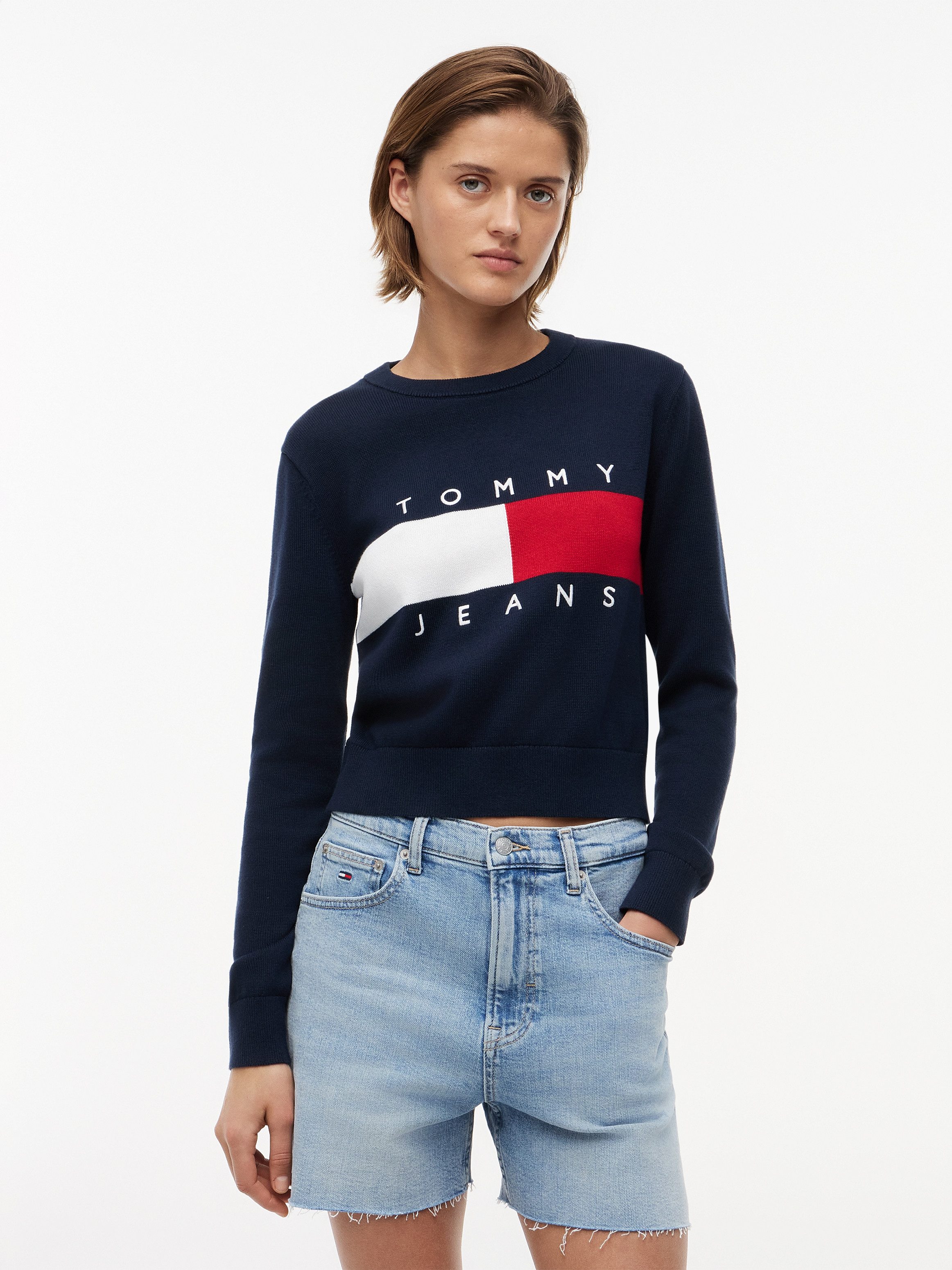 Tommy Jeans Rundhalspullover TJW FLAG CREW NECK SWEATER EXT Baumwolle, Flag Strickmuster
