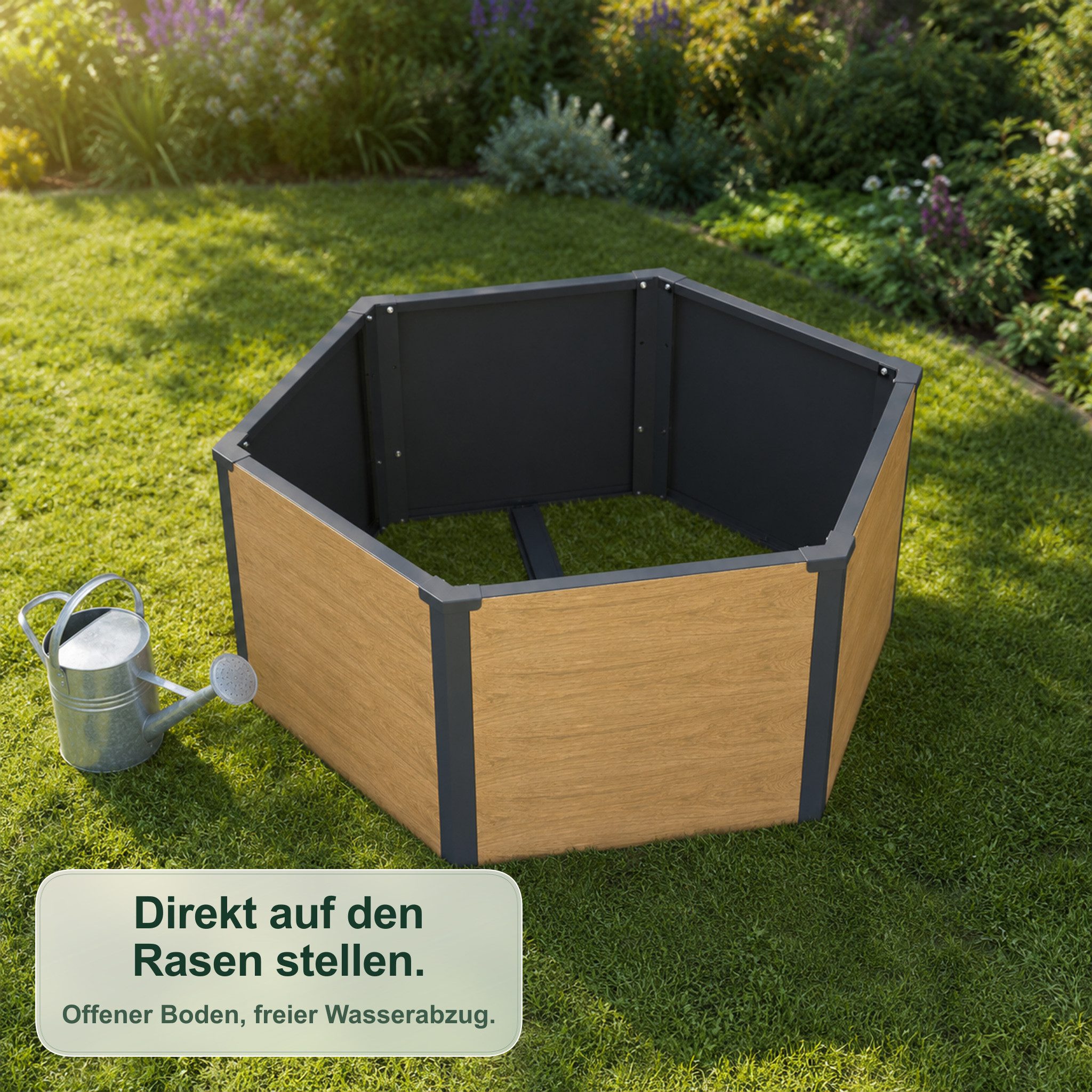 Kubus Hochbeet Luna sechseckig aus Metall in Eichenholzoptik für Garten & Terrasse, Wetterfeste Metallkonstruktion