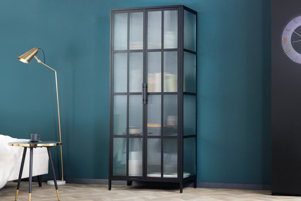 riess-ambiente Vitrine DURA STEEL 180cm schwarz - Metall, Riffelglas, 4 Fächer (Einzelartikel, 1-St) Industrial Design & Glastüren – ideal für Geschirr & Deko im Esszimmer