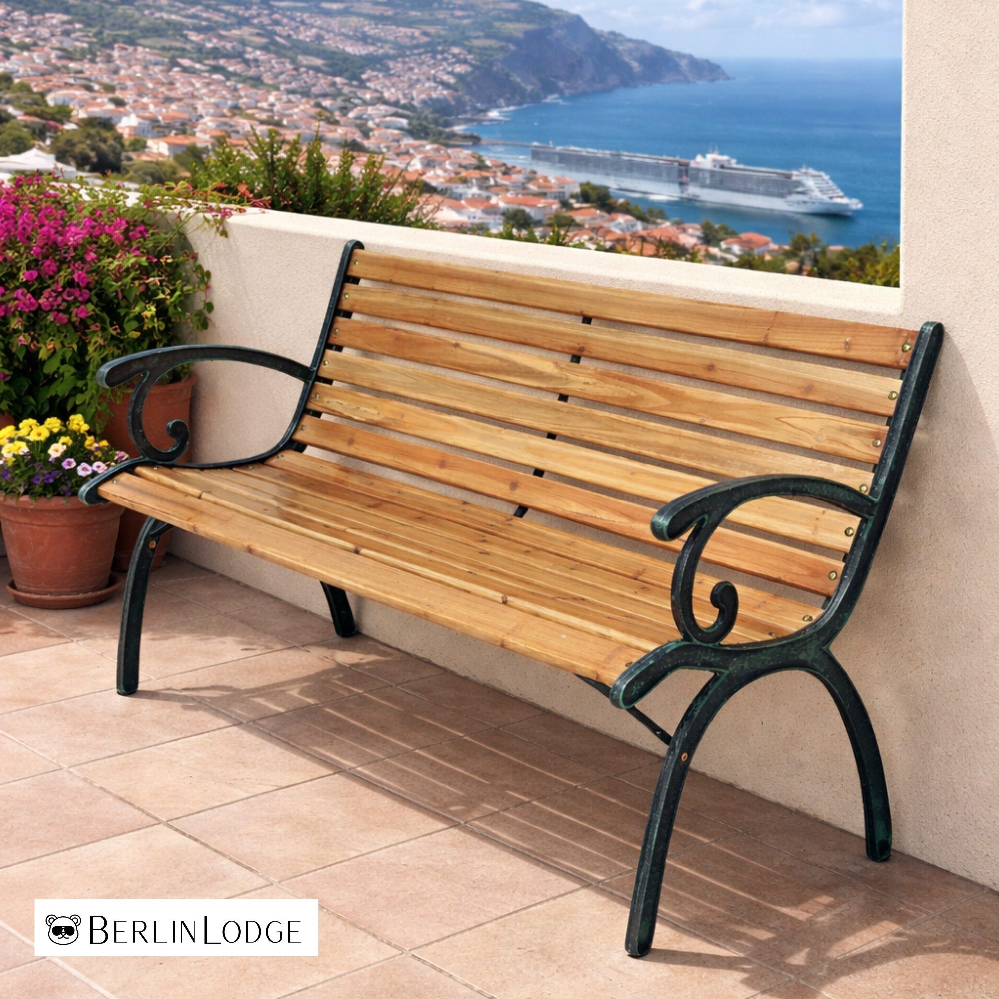 PROREGAL® Gartenbank MADEIRA Holz Gusseisen 2-Sitzer wetterfest rustikal 77x123x54cm Natur, Balkonbank Holzbank Wintergarten Gartenmöbel Sitzbank Parkbank – Bild 5 von 5