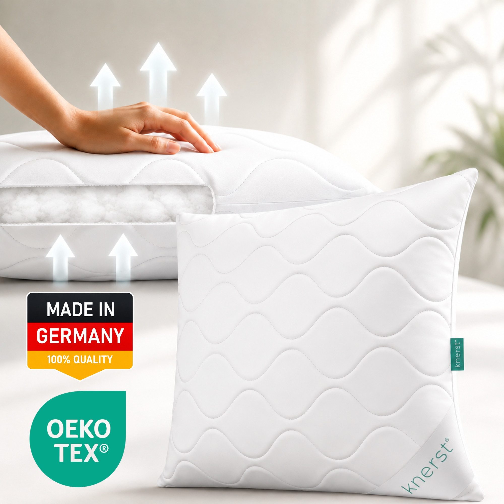KNERST Kopfkissen Microfaser KomfortFlex 95°C waschbar, Füllung: 100% Polyester, Seitenschläfer, Bauchschläfer, Rückenschläfer, Microfaser-Kopfkissen KomfortFlex 80x80 cm, höhenverstellbar