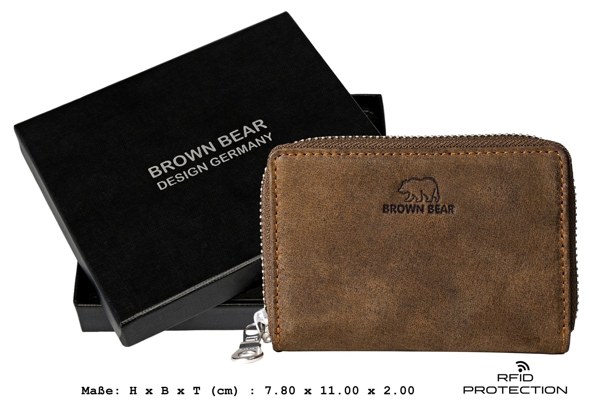 Brown Bear Geldbörse Modell Kai umlaufender Reißverschluss Querformat klein, mit 8 Kartenfächern und RFID-Schutz Braun-Vintage