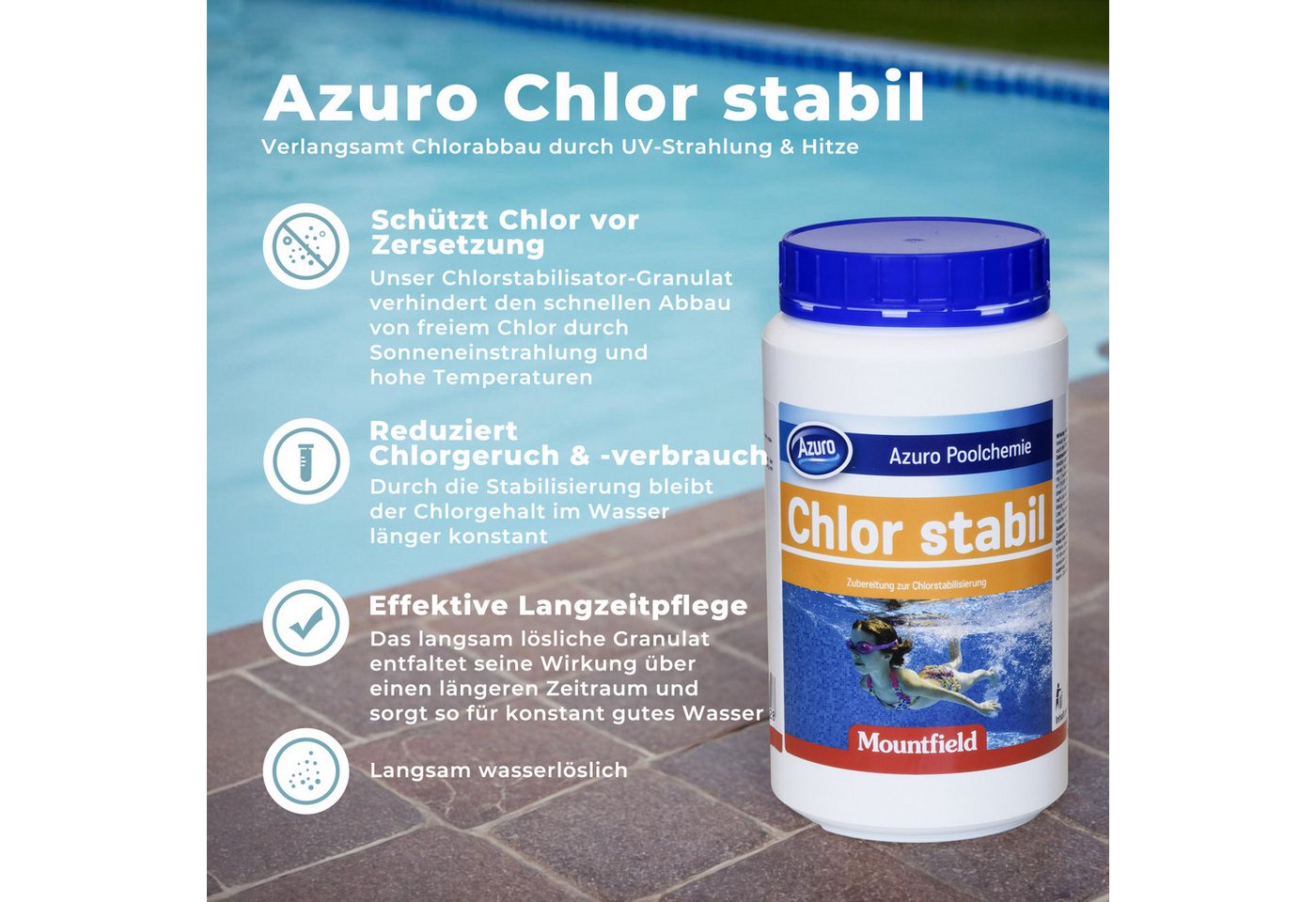 Thumbnail - Azuro Chlorgranulat Chlorstabilisator Granulat für Pool -1KG, (Made in EU), Reduziert Chlorverbrauch