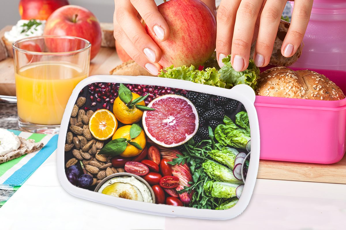 MuchoWow Lunchbox Gemüse - Obst Brotbox Brotdose für Farben, rosa Kunststoff, Kunststoff Mädchen, - Kinder, (2-tlg), Snackbox, Erwachsene