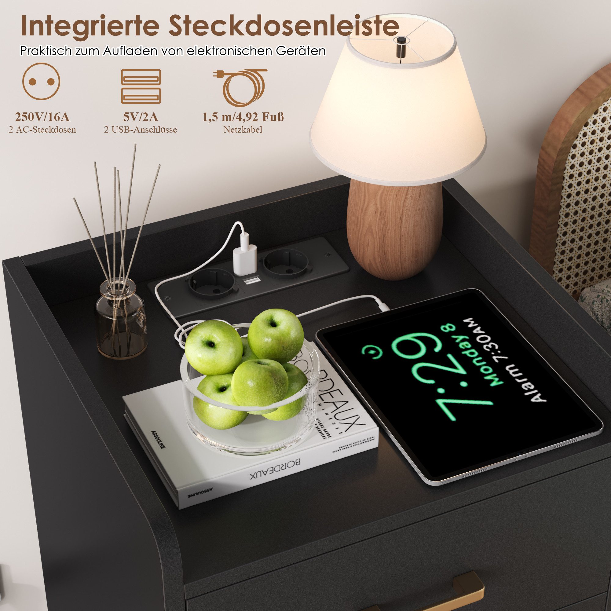 Homfa Nachttisch Nachtschrank mit Ladefunktion (2-St), 3 Schubladen, 2 AC-Steckdosen, 2 USB-Anschlüsse, 40x38x66cm – Bild 5 von 5