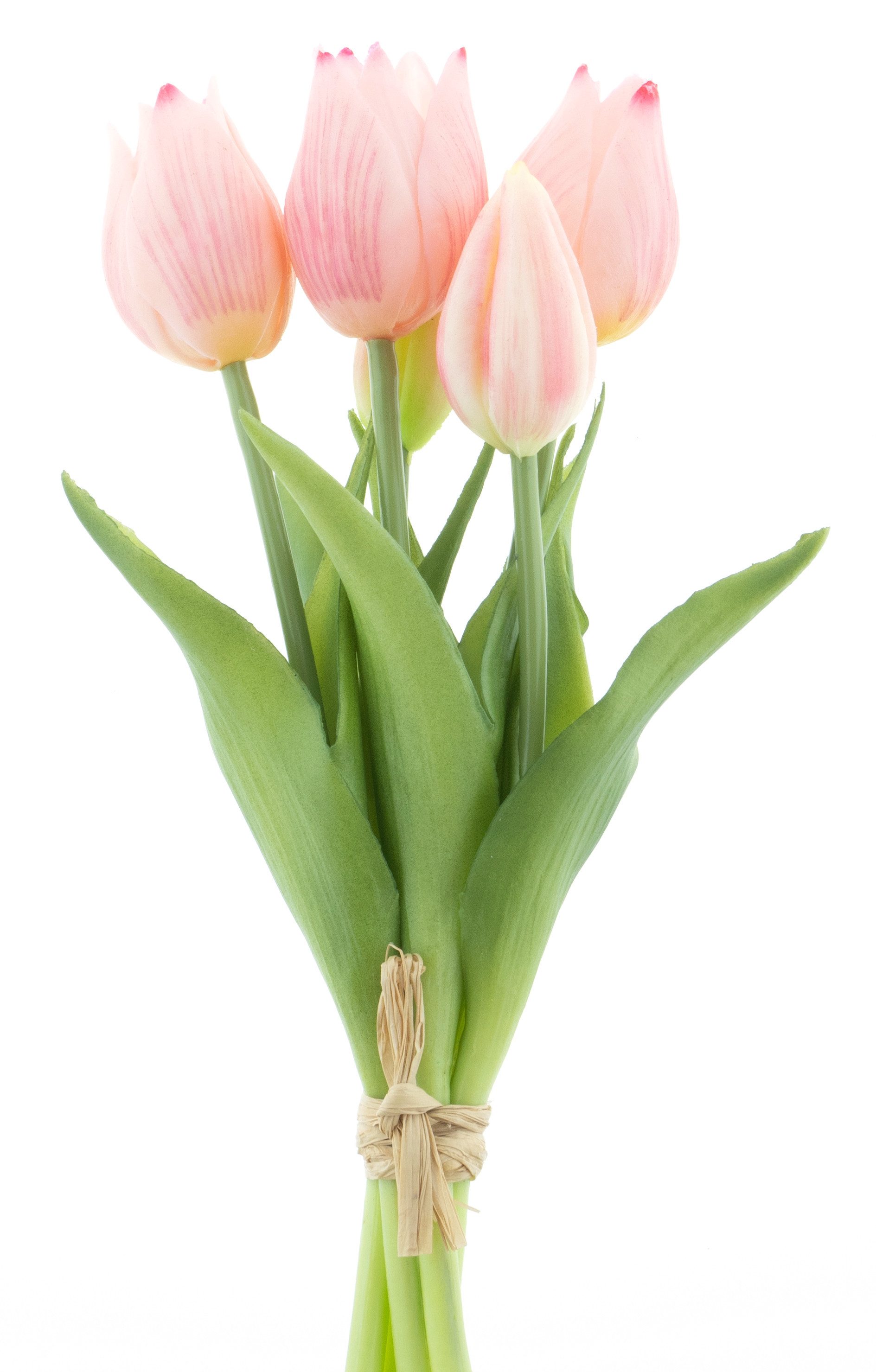 Kunstblumenstrauß Tulpenbund 26cm Tulpen mit 3 Tulpen und 2 Tulpenknospen real Touch, mucPlants