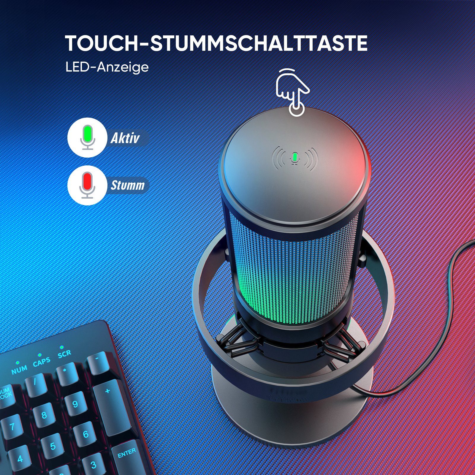 FIFINE Mikrofon USB Mikrofon Gaming Kondensator PC Podcast Studio Mikrofon, mit RGB-Steuerung, Stummschalter, Kopfhöreranschluss, Popfilter