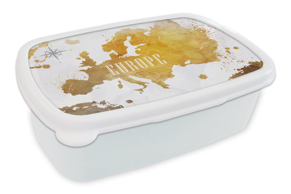 MuchoWow Lunchbox Weltkarten - Europa - Gold, Kunststoff, (2-tlg), Brotbox für Kinder und Erwachsene, Brotdose, für Jungs und Mädchen weiß